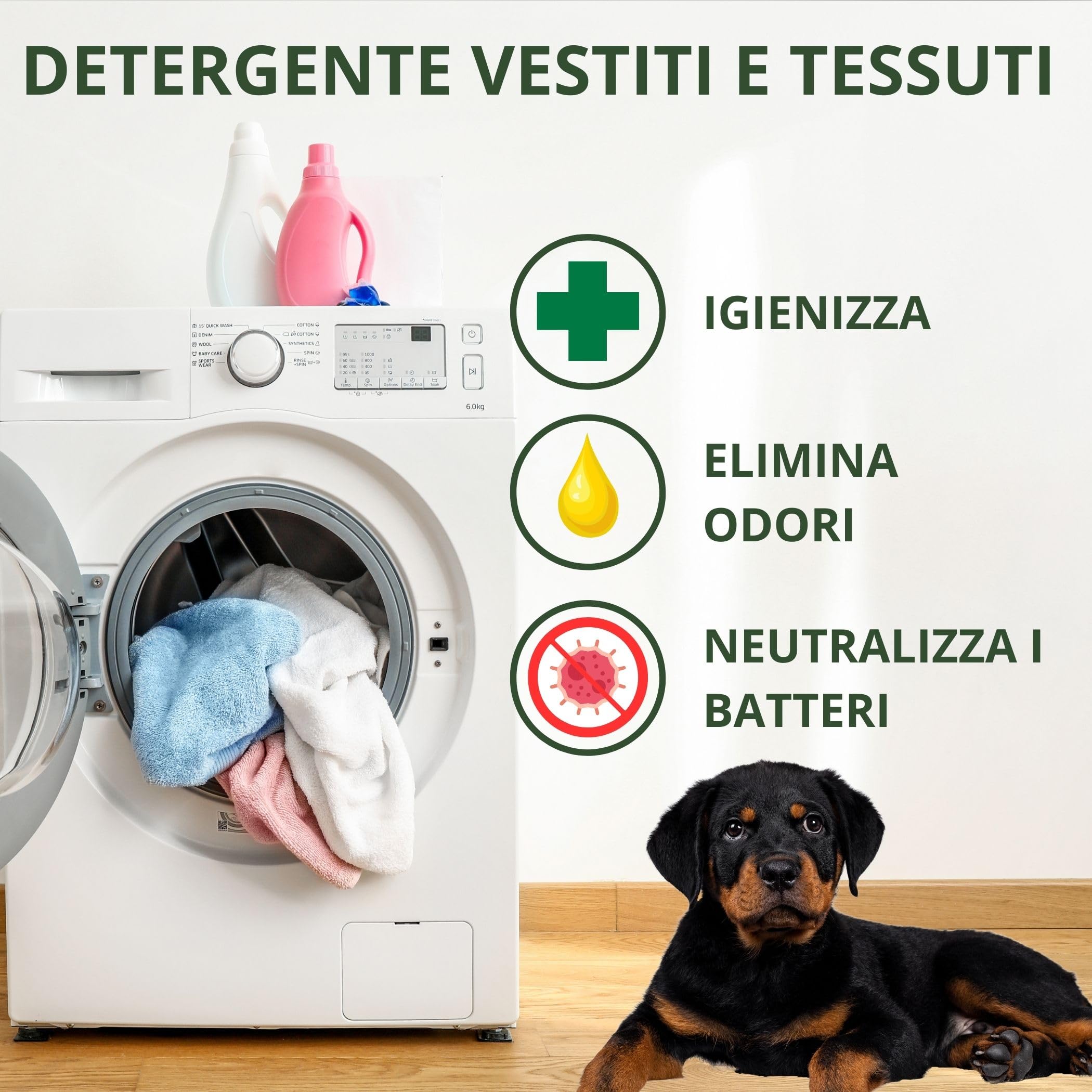 Additivo Lavatrice per tessuti a contatto con Animali 6 bustine da 10gr, Igienizzante bucato naturale, Neutralizza Odori, Elimina Batteri, peli e biofilm, formula Atossica - 60 gr - Made in Italy