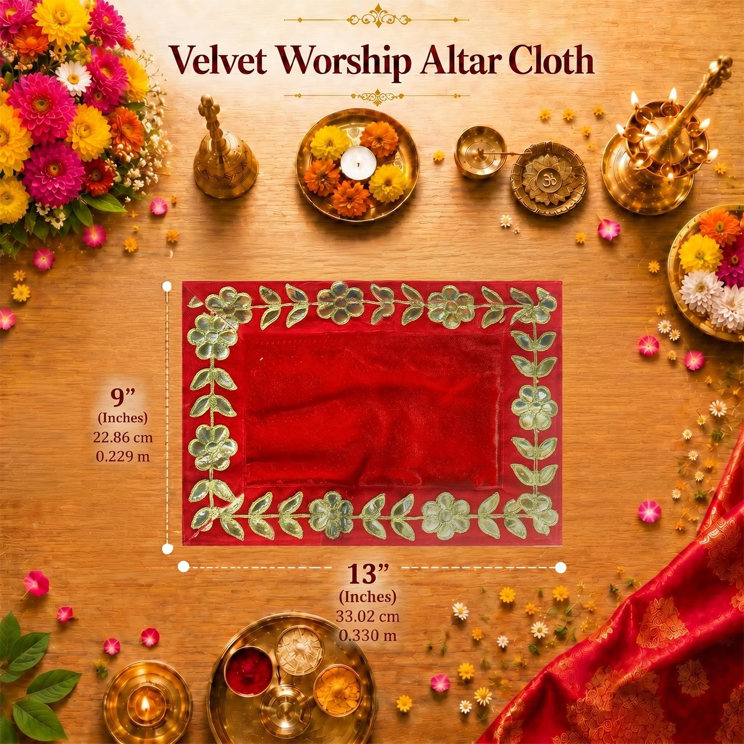 DLC Designer Red Pooja Cloth for God, Velvet Altar Cloth for Puja Mandir| Pack of 2 | Size 9x13 2