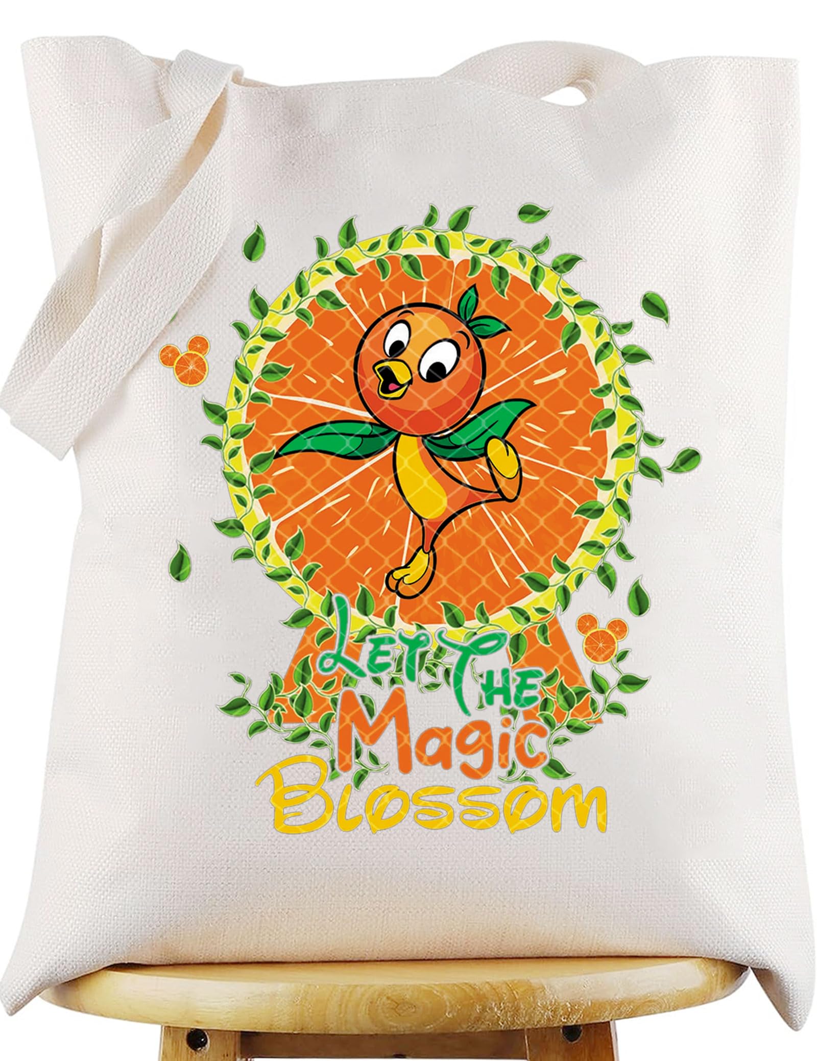 WZMPA Funny Orange Bird Tote Bag Cartoon Bird Lovers Gift Let The Magic Blossom Cartoon Reusable Grocery Bag