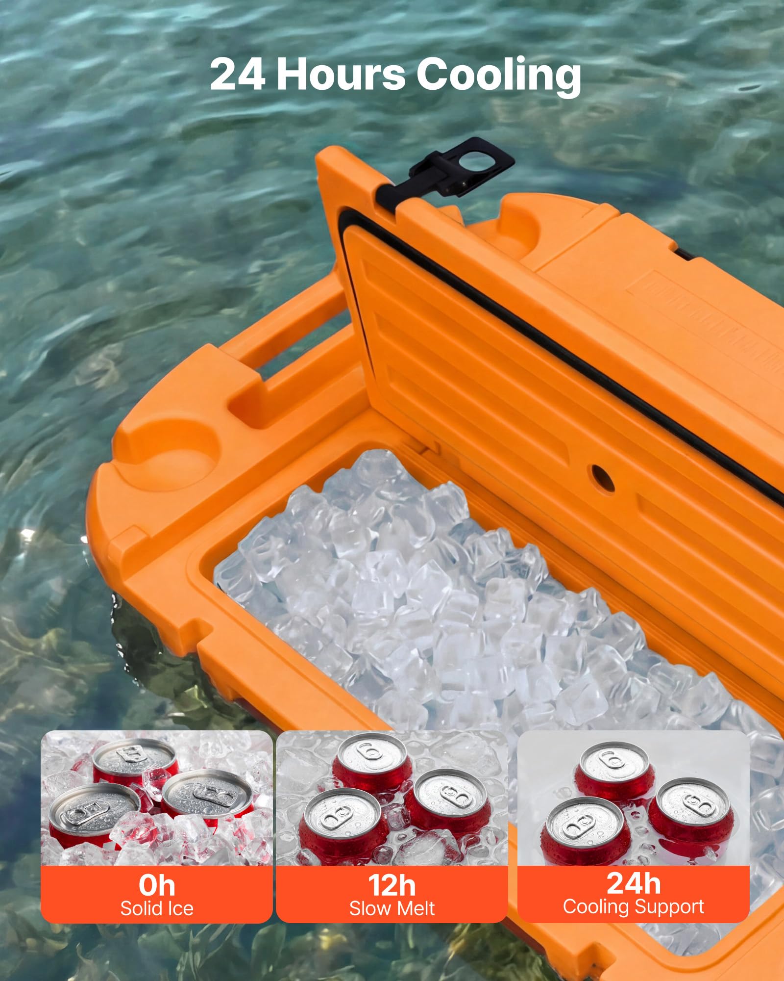 VEVOR Amphibischer Schwimmender Kühler, 37,9 L Schwimmender Getränkekühler mit Trockenfach Rädern Zugseil für Wasser & Land, Kippstablier Kühlbehälter aus LLDPE für Pool Fluss Seen Strand Meer, Orange