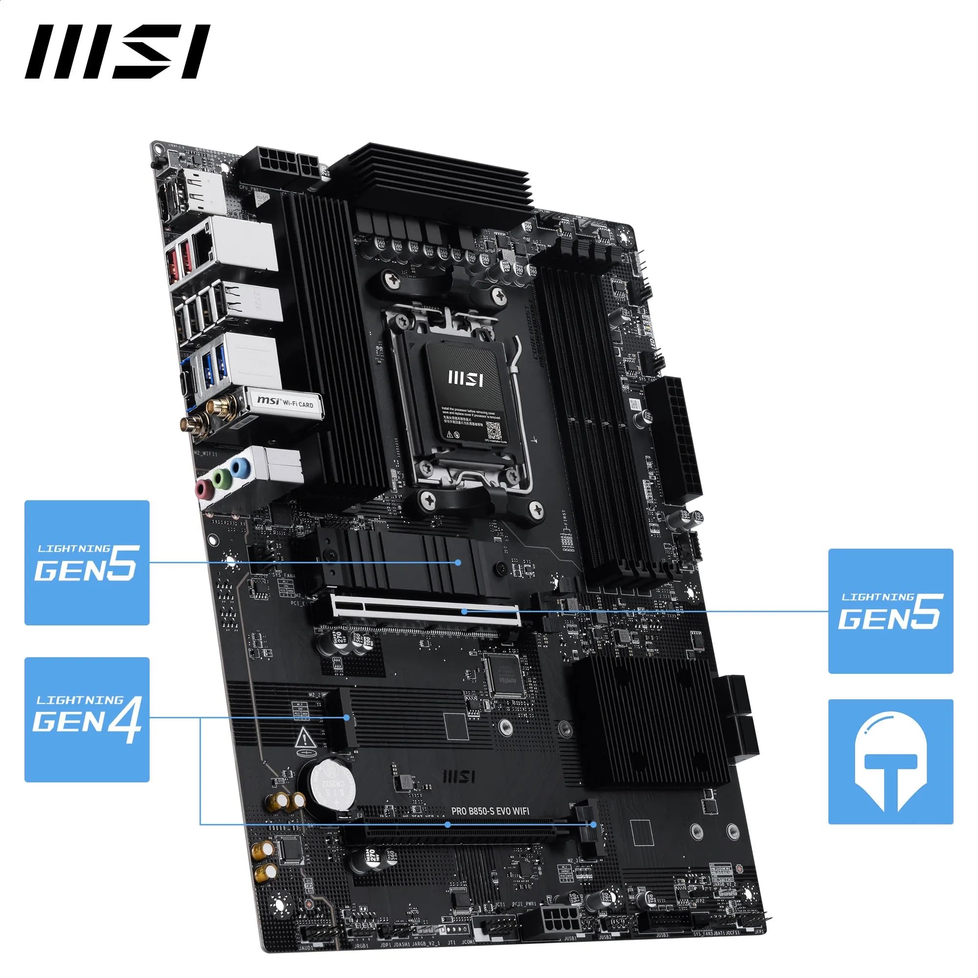 MSI Pro B850-S Evo WiFi Carte mère, ATX - pour processeurs AMD Ryzen 9000/8000 / 7000, AM5 - DDR5 Memory Boost (OC jusqu'à 8200+MT/s), PCIe 5.0 x16 et 4.0 x4, M.2 Gen5, Wi-FI 7, 5G LAN