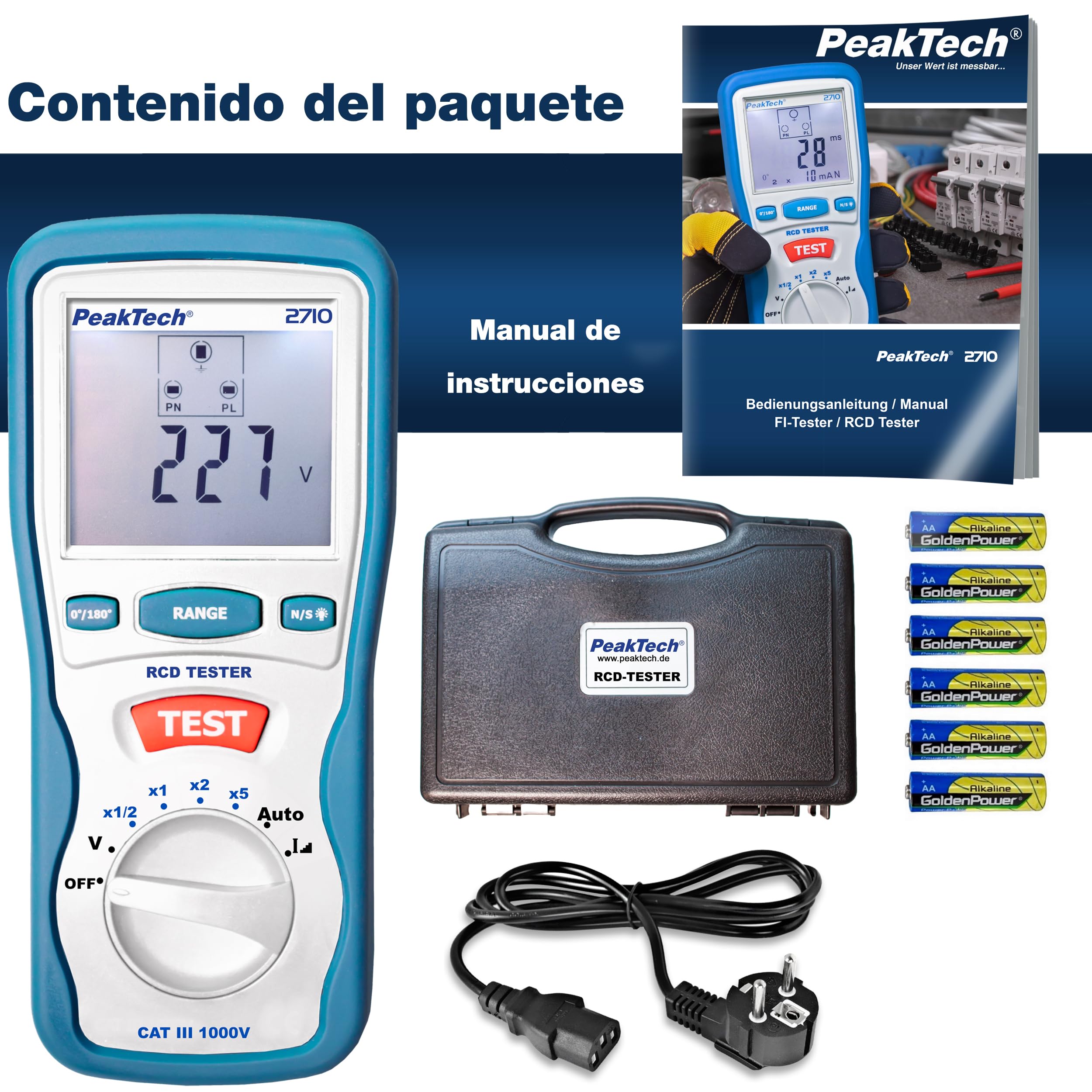 PeakTech 2710 – Probador digital de FI con pantalla LCD grande, disyuntor de corriente residual, cuchilla RCD, carcasa con doble aislamiento, voltaje de funcionamiento 230V / 50Hz - CAT III 600 V