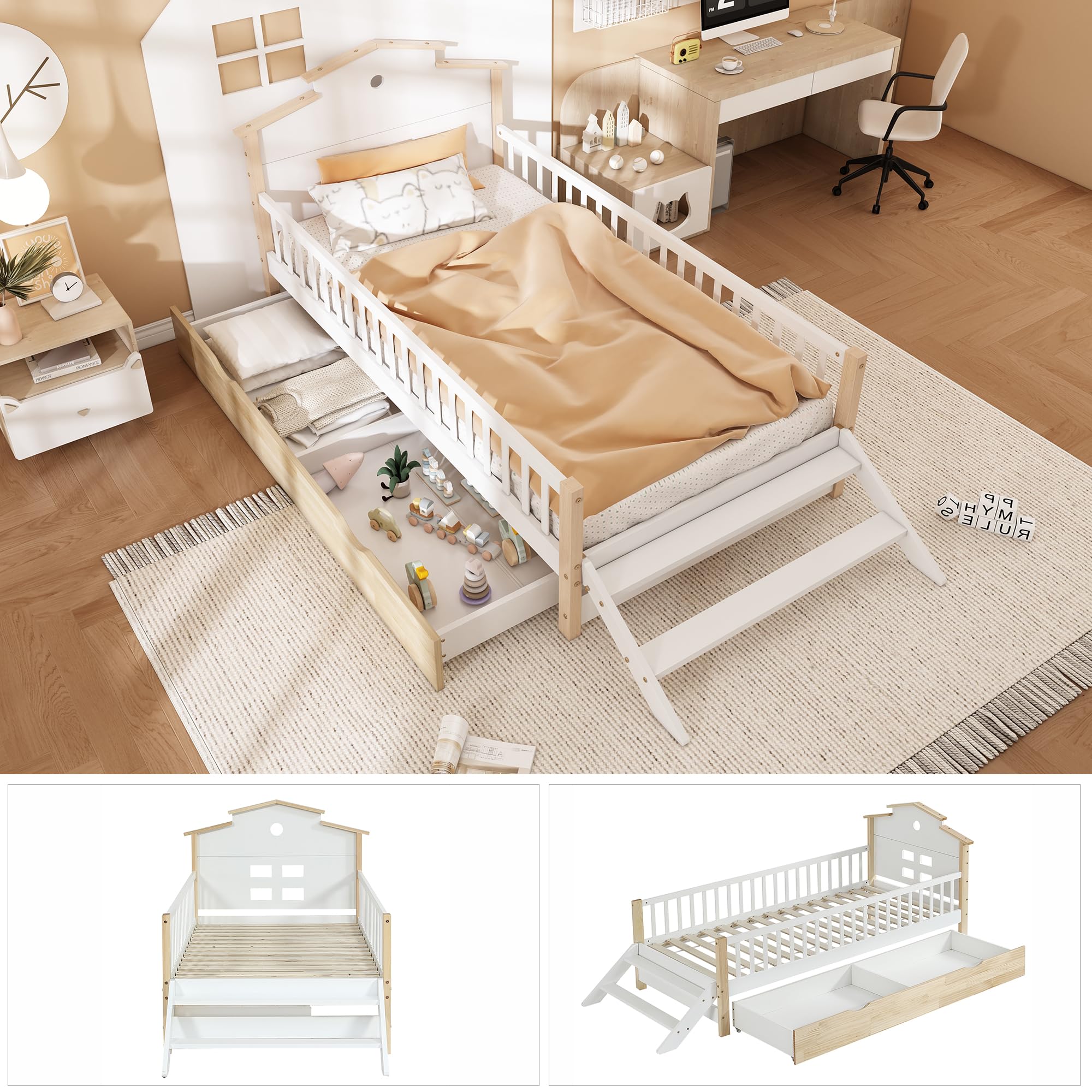 Kayan Cuna, con protección contra caídas y rejilla, con escalera lateral, diseño de techo único, adolescentes y adultos, camas planas, camas de madera, marco de pino+MDF, blanco y natural, 90 x 200 cm