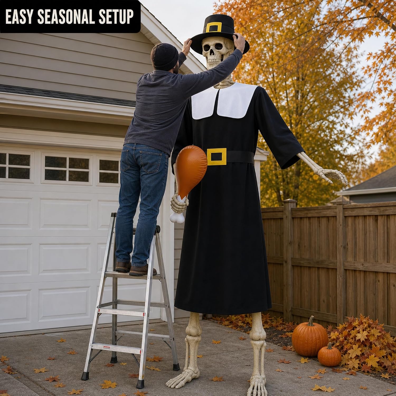 3 Pcs 12 Ft Skeleton Pilgrim Thanksgiving Outfit Set Cloth Hat Turkey image 4
