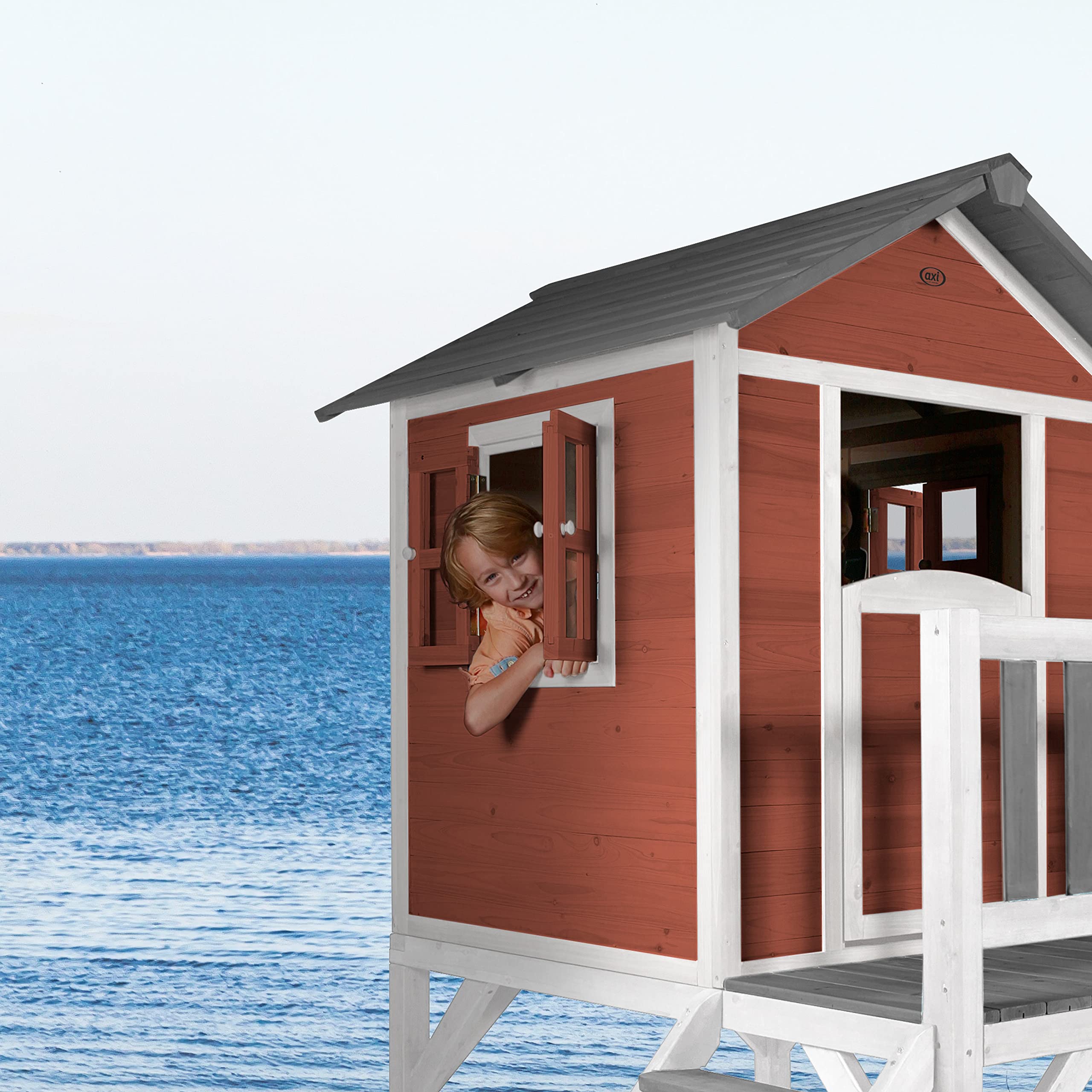 AXI Beach Lodge XL Plac Zabaw Domek z domkiem do zabawy AXI Lodge XL Classic - szara zjezdzalnia | Domek na palach z weranda z drewna FSC | Maly sprzet do zabawy w ogrodzie