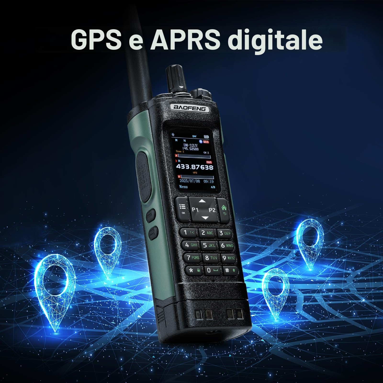 Radio BAOFENG DM-32UV DMR 10W portatile UHF/VHF/AM/FM con GPS e APRS digitale, doppio slot Tier II, display 2", 4000 canali, zielona