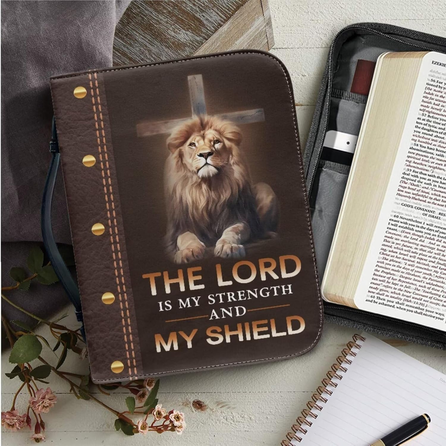 FOR U DESIGNS Compact Bible Cover Lion Cross Verse for Men Leather Medium Bible Case and Elastic Pen Holder for Notebook 2 Pack Religious Christian Gifts Carrying Case