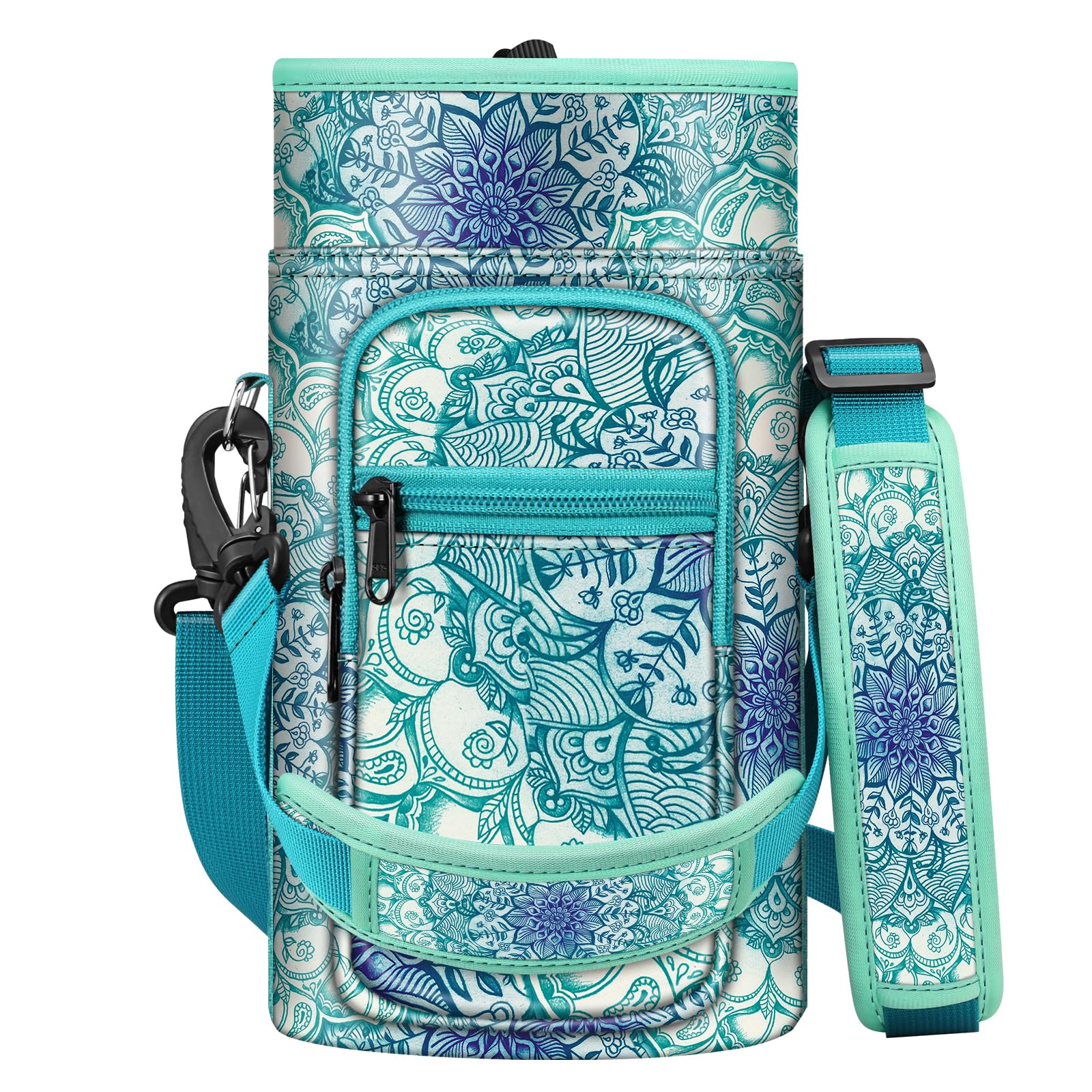 CaseBot Water Bottle Carrier Bag, 64 oz Sports Water Bottle Holder Sling Case with Adjustable Hand Shoulder Strap and 2 Pockets for Men Women Hiking Camping Travelling, Emerald Illusions