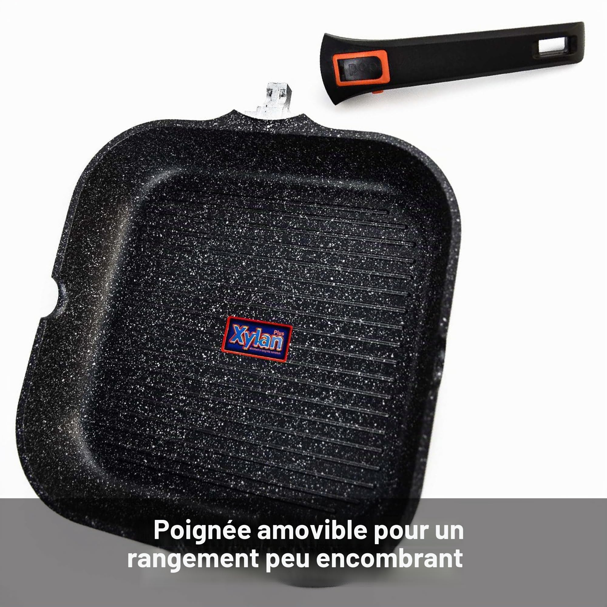 Poêle grill 29 cm, manche amovible, compatible induction, électricité et gaz, revêtement antiadhésif Whitford, pouvant aller au four