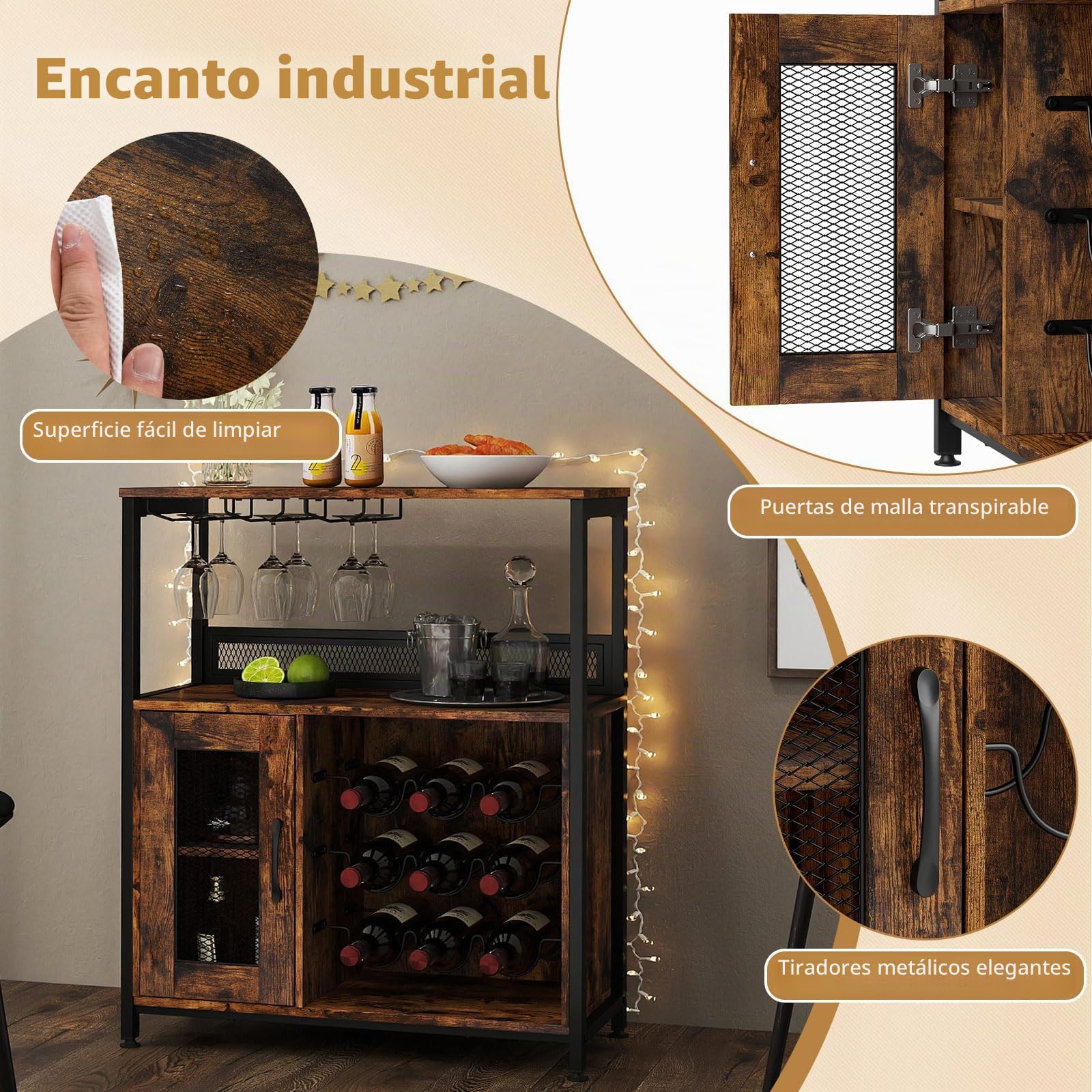 GIANTEX Mueble Organizador de Bar con Estantes para 9 Botellas y 3 Portavasos, Armario para Vino con Puerta de Rejillas, Kit Antivuelco, 75 x 34 x 90,5 cm, Aparador para Cocina, Comedor