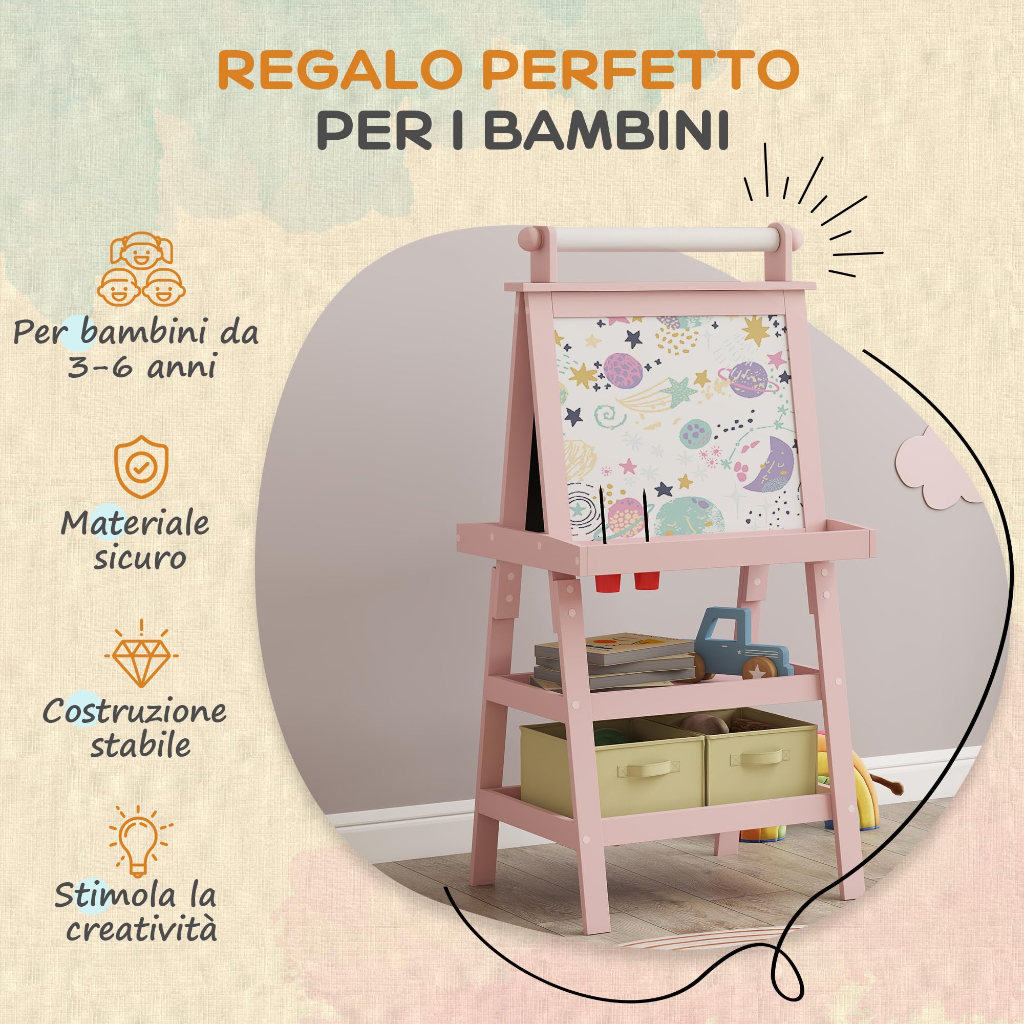 AIYAPLAY Lavagna per Bambini Cancellabile a Doppia Facciate con Rotolo di Carta e 2 Contenitori, Lavagna Magnetica Bianco, Nero con Cavalletto Artistico in Legno per Pittura e Regalo, 3-6 Anni, Rosa