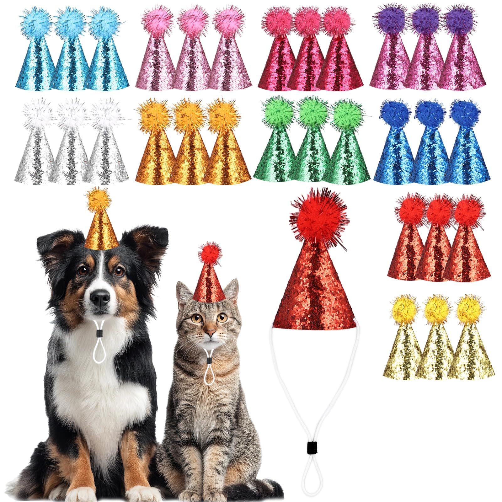 30 Mini-Partyhüte für Haustiere, Katzen und Hunde, glitzernde Geburtstagshüte mit Bommelspitzen, 10 Farben, Kegelhüte mit elastischem Kinnband für Tierfotos, Spiele, Stofftiere