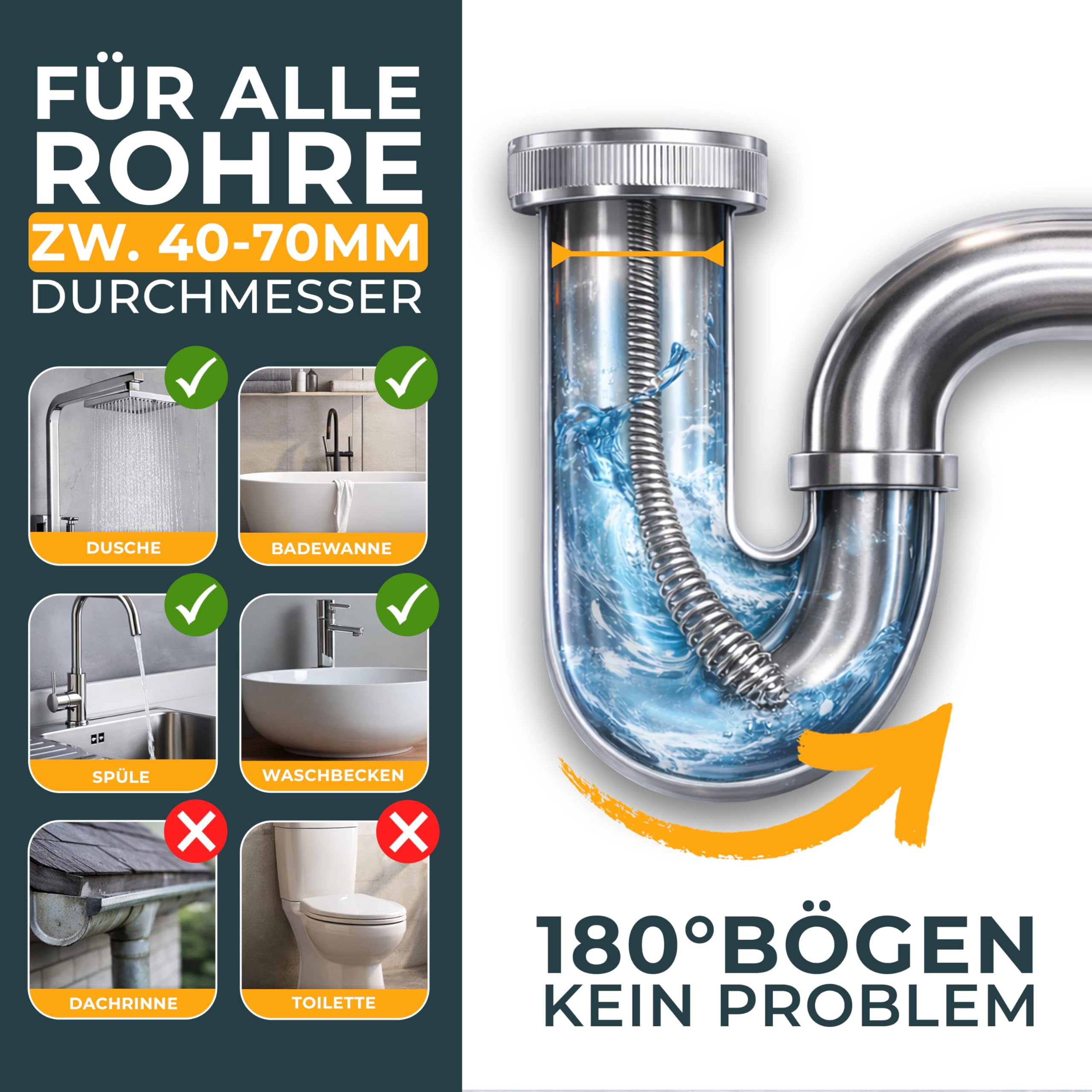 Meisterfaktur Rohrreinigungsspirale 2.0 [7,5m] - mit Bohraufsatz - Ideale Abflussspirale für eine umweltfreundliche Rohrreinigung - Die Rohrspirale für echte Heimwerker!
