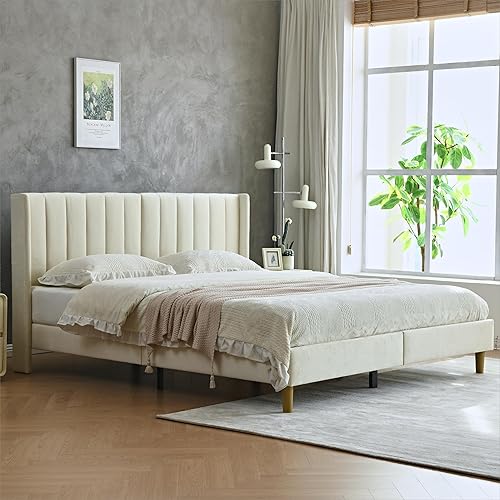 YUHUASHI upholstered Platform Bed Frame/King Bed Frame/Modern Geometric Double-Wing Design headboard/Velvet Fabric/Easy to Assemble no Noise (Cream, King (U.S. Standard)) - King (U.S. Standard) - Cream