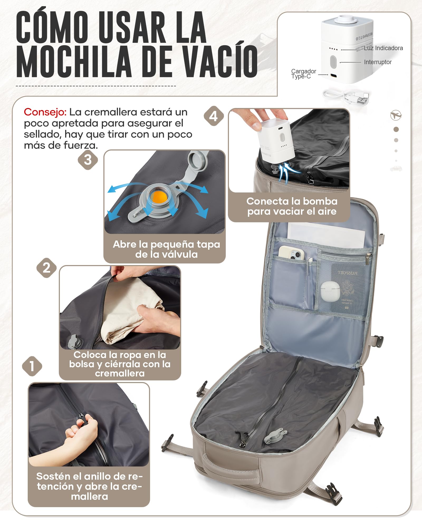 Mochila Viaje al Vacío con Bomba, Mochila de Viaje Cabina Avion 40x30x20 Ryanair,Impermeable Mochila Compresion al Vacio Para Portatil 14" Hombre y Mujer(Marrón grisáceo)