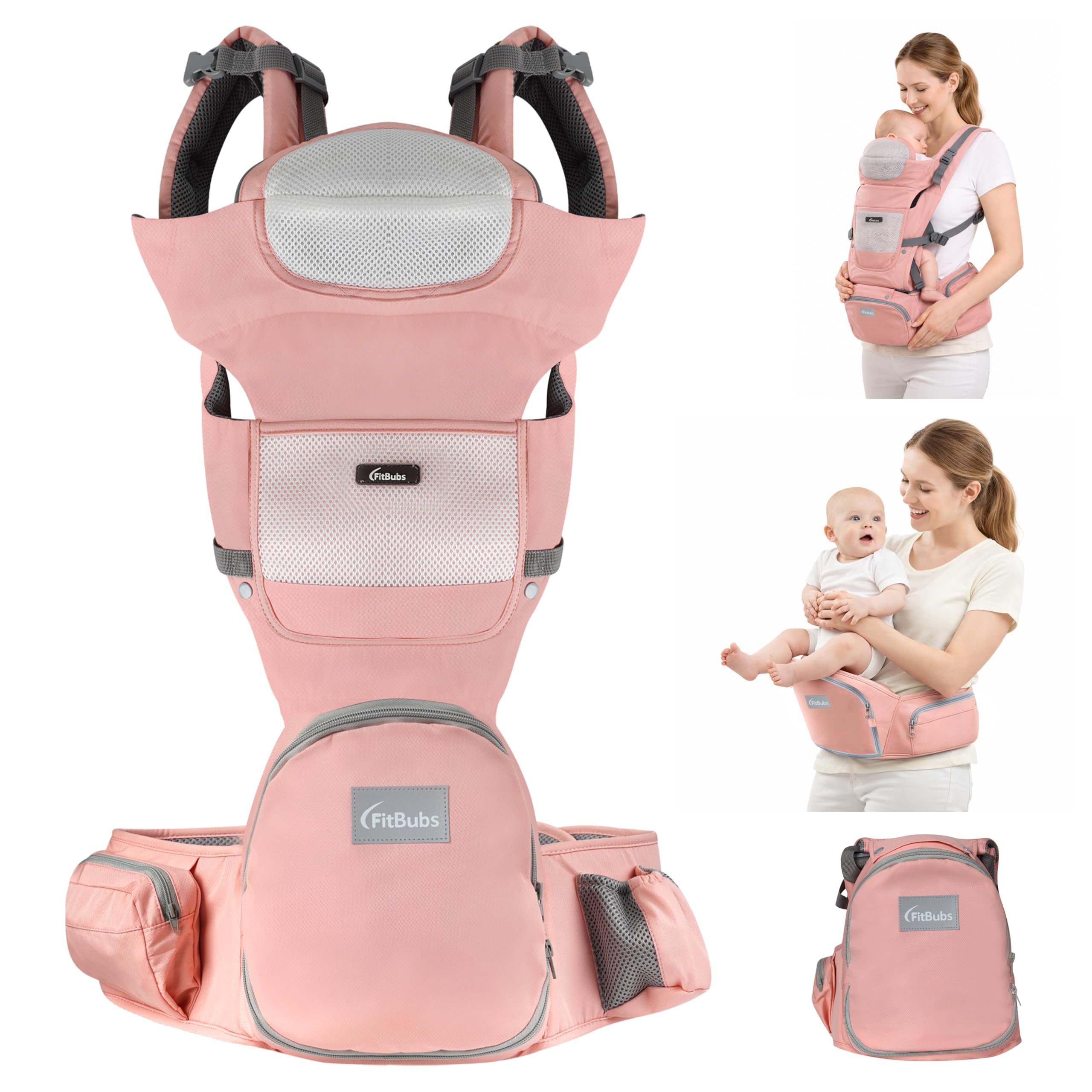 Babytrage für Neugeborene ab Geburt, 2-in-1 Babytrage mit Hüftsitz, Geeignet für 3–36 Monate, 3–20 kg, Ergonomische Tragehilfe für Babys und Kleinkinder, Atmungsaktiv, Rosa