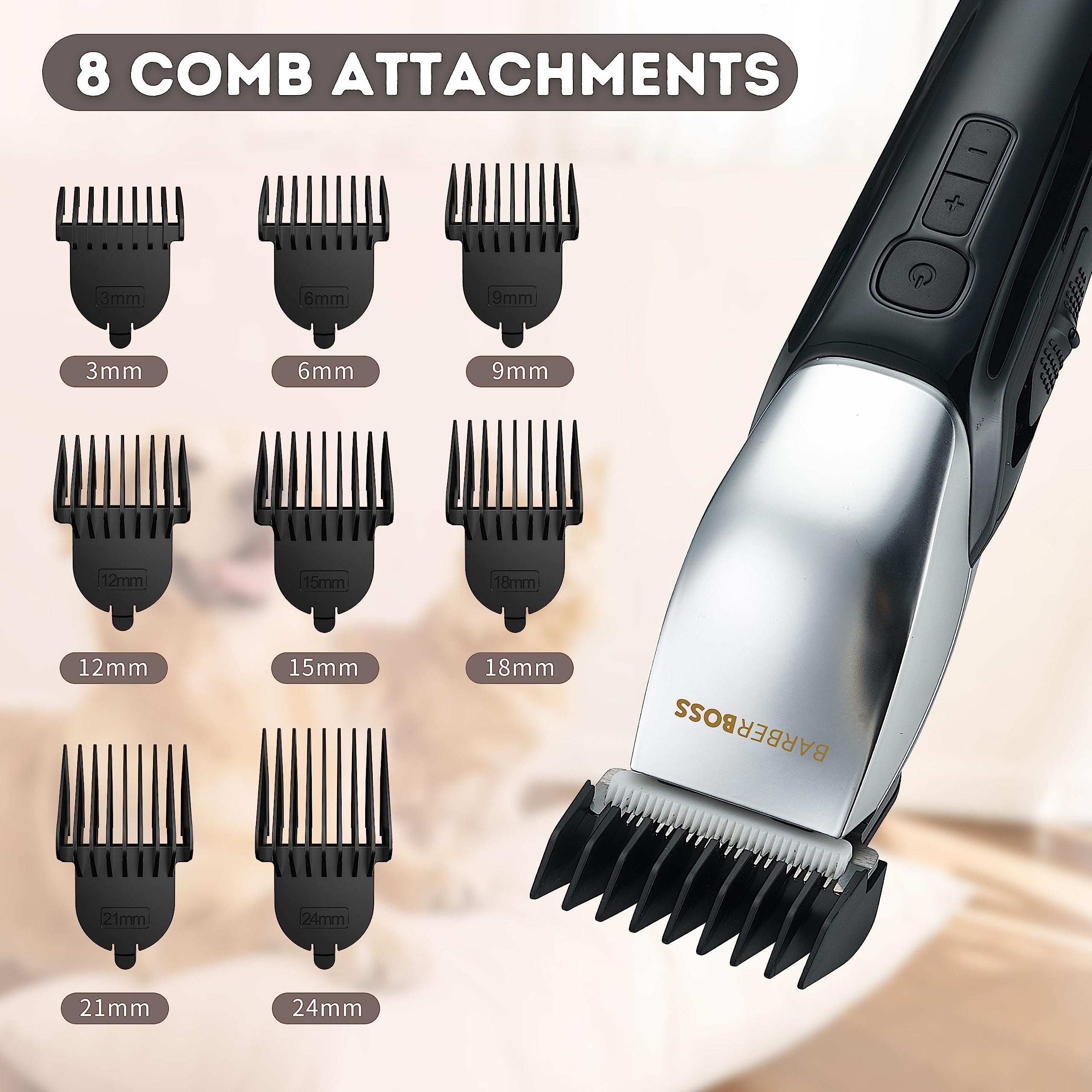 BarberBoss Tondeuse pour chiens avec 8 peignes, design élégant avec 4 vitesses, 100% étanche, tête en céramique en forme de R, affichage LED, tondeuse sans fil pour chiens et chats, QR-9083