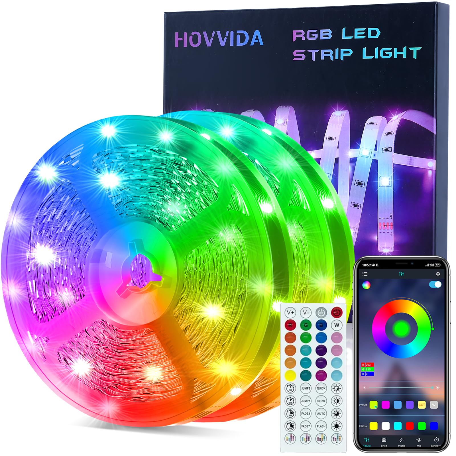 HOVVIDA LED Strip Lights 20M, 2x10M, 30 LEDs/Meter, RGB 24V LED Strip, 600 LEDs, APP and Remote Control, Music Sync, Timing Mode, LED for Room, Game Room, Party