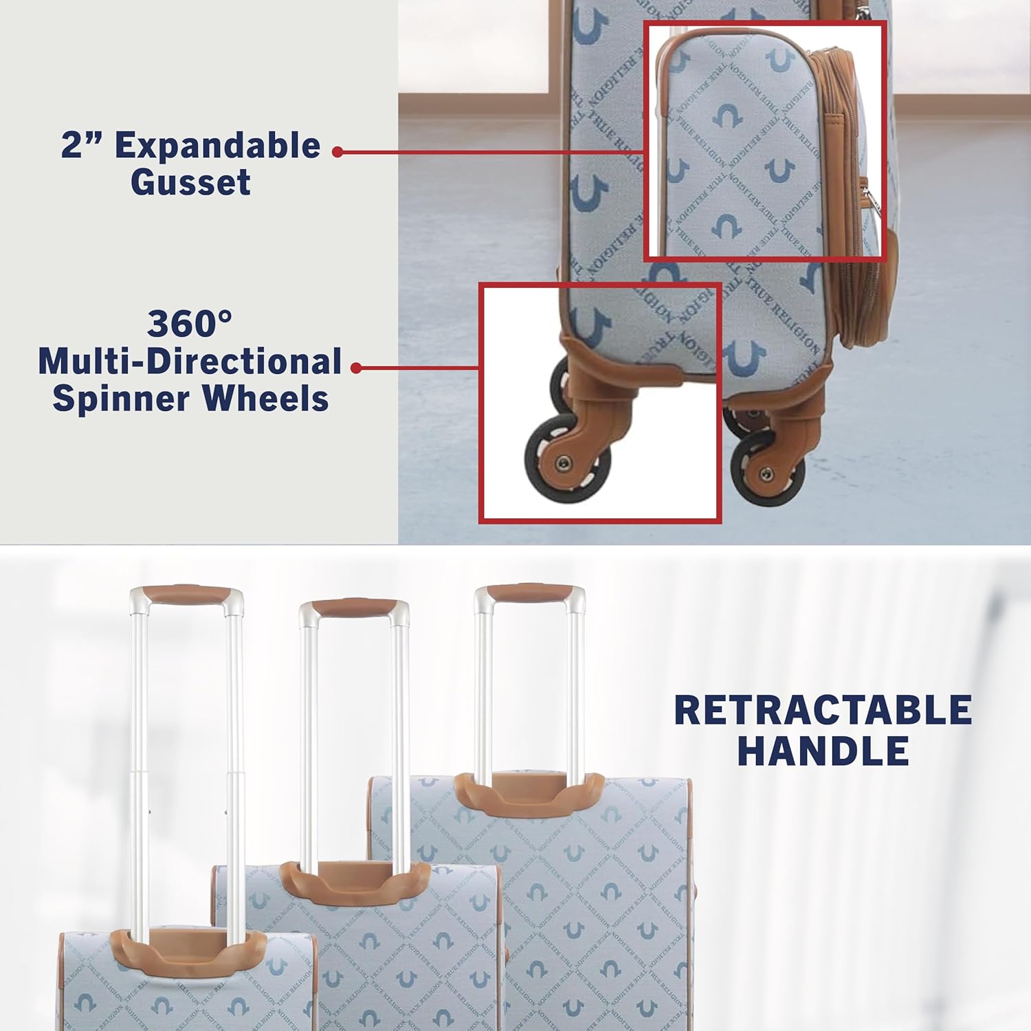 True Religion 23" Rolling Luggage, Soft Sided Suitecases with Spinner Wheels, Denim