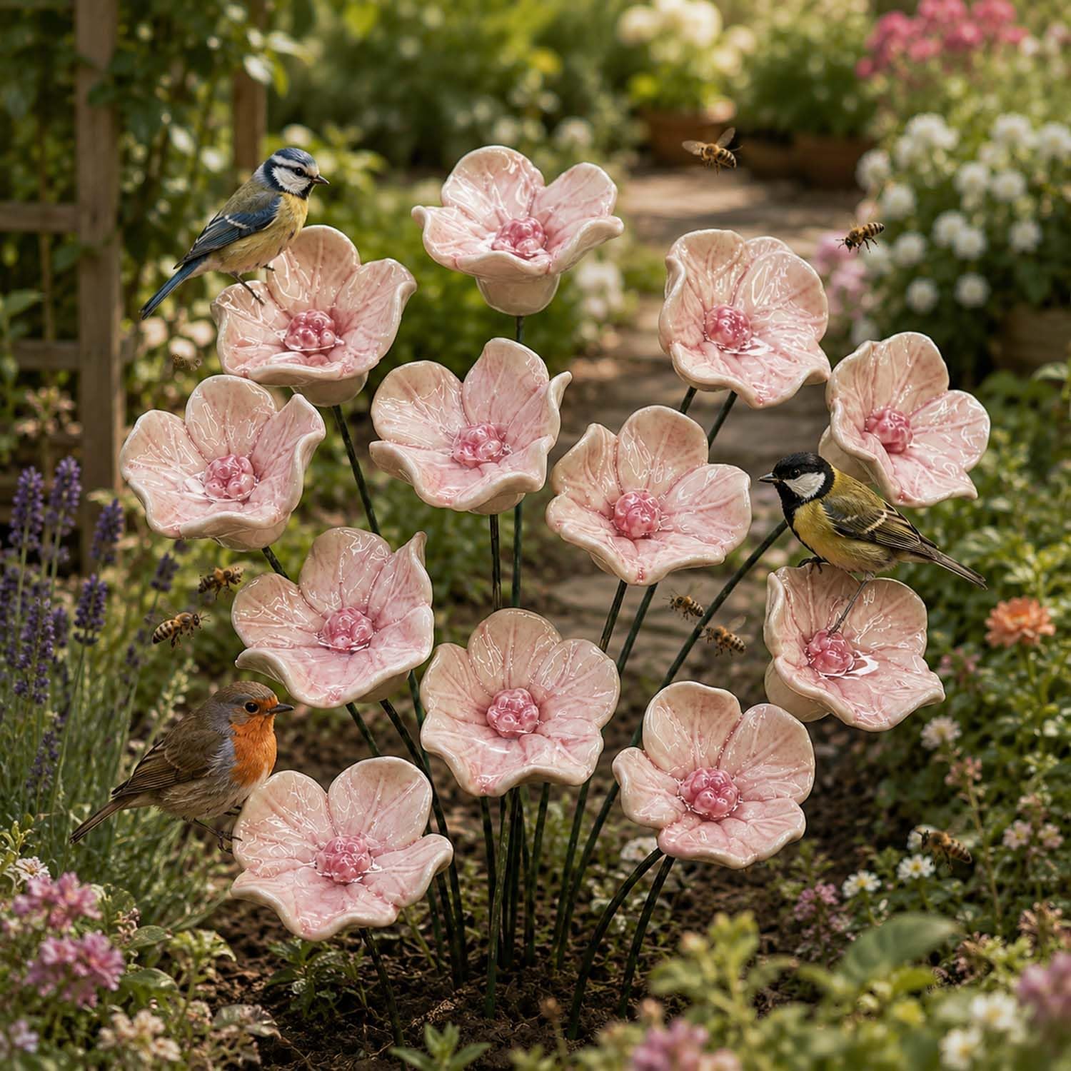 Handmade Ceramic Mini Pollinator Watering Station Colorful Flower Bee Water Feeder and Butterfly Bird Bath Small Outdoor Garden Stake Yard Art Decor Gift for Nature Lovers (12 pieces, pink)