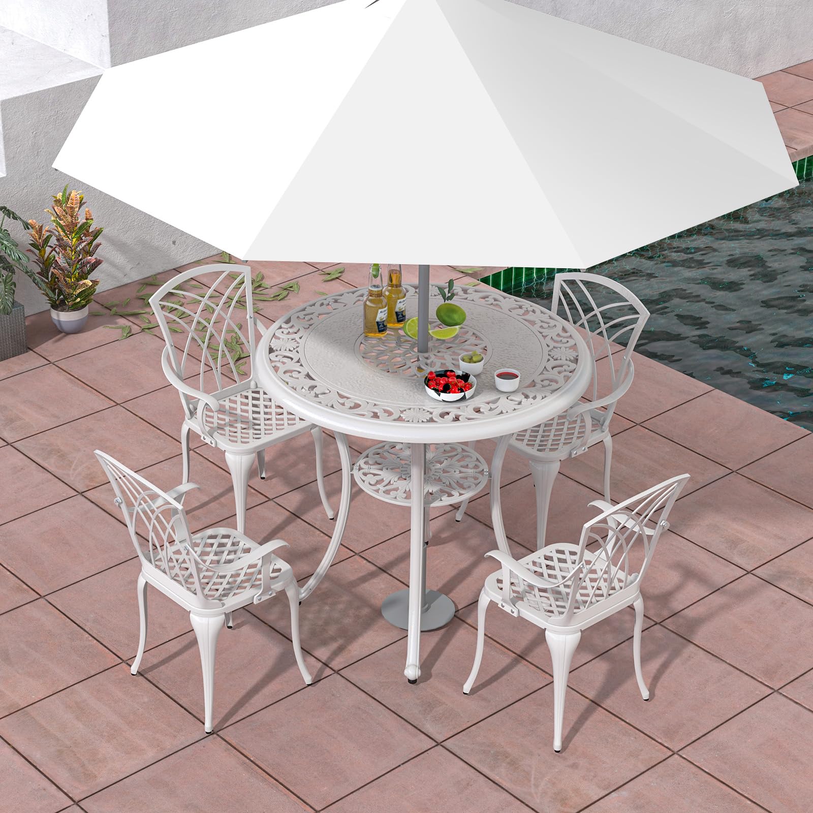 GIANTEX Soggiorno da giardino esterno, tavolo da giardino con sedia in ghisa di alluminio, tavolo da bistrot 5 pezzi per 4 persone, foro dell'ombrellone Dia.5 cm, tavolo rotondo per terrazza, balcone