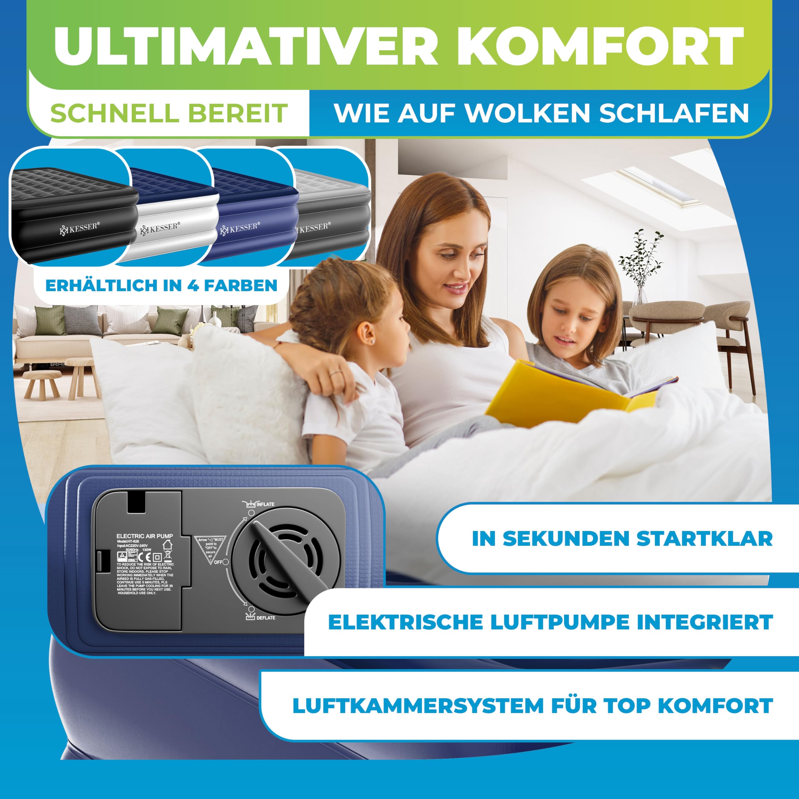 KESSER® Colchón hinchable con bomba eléctrica integrada, colchón de aire para camping o uso doméstico con bolsa, adecuado para 2 personas, 203 x 152,5 x 51 cm