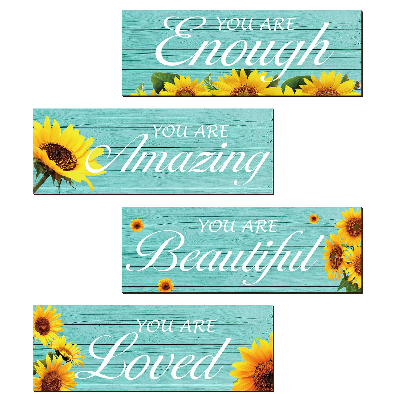 4 piezas de decoración de pared de girasol con texto en inglés You are Loved, decoración inspiradora de girasol, decoración de baño, turquesa, granja, arte de pared, letrero de madera