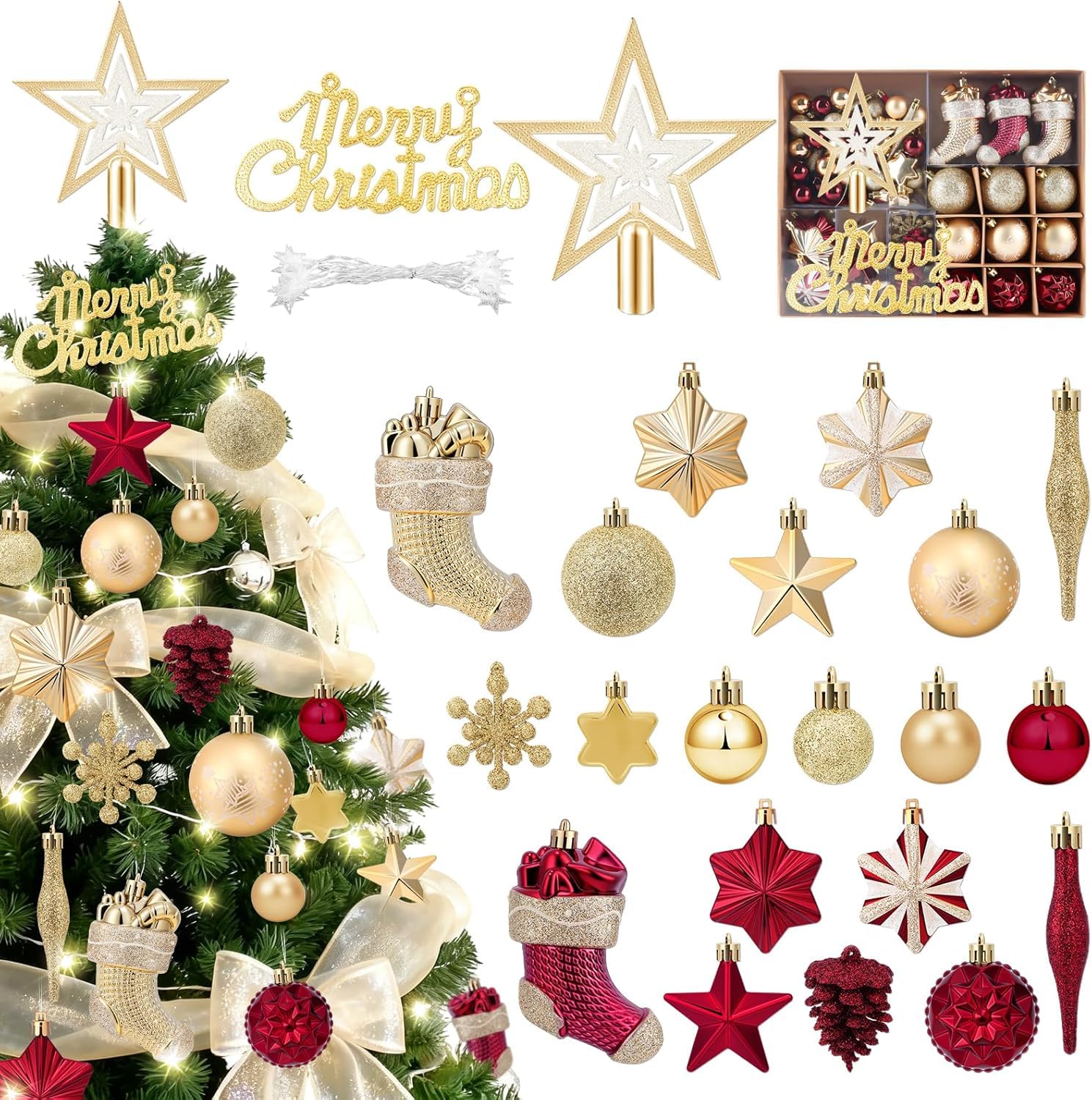 JONRRYIN Premium Weihnachtskugeln, 70er Set Christbaumkugeln Kunststoff - Mit LED-Licht, Baumspitze Stern, Kleine Weihnachtskugeln - Christbaumschmuck für Drinnen & Draußen (Rot-Gold)