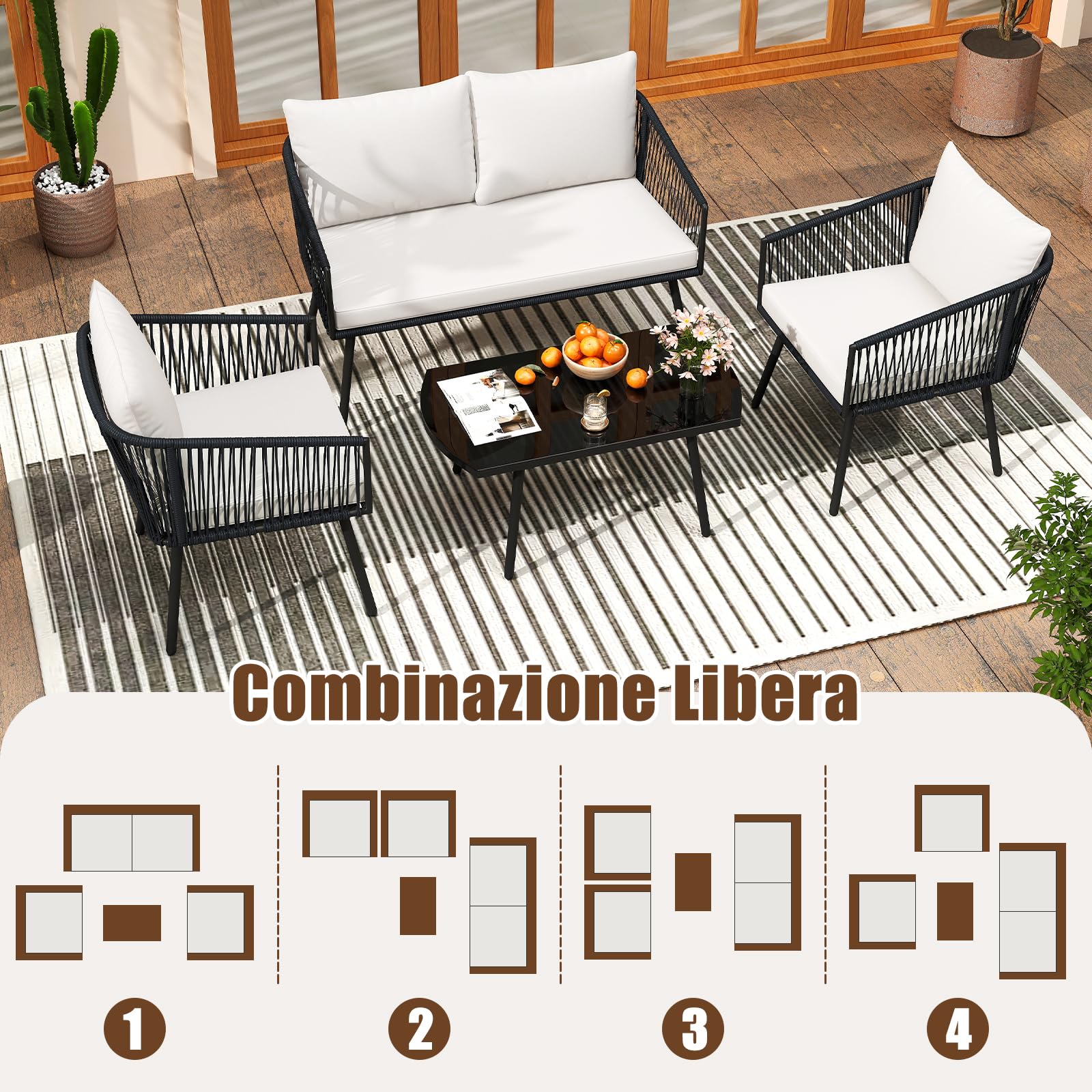 COSTWAY Set di 4 Pezzi in Corda PE da Giardino, Set Bistrò con Divano, Tavolino in Vetro Temperato, 2 Poltrone e Cuscini, Mobili da Giardino da Esterno per Cortile e Piscina
