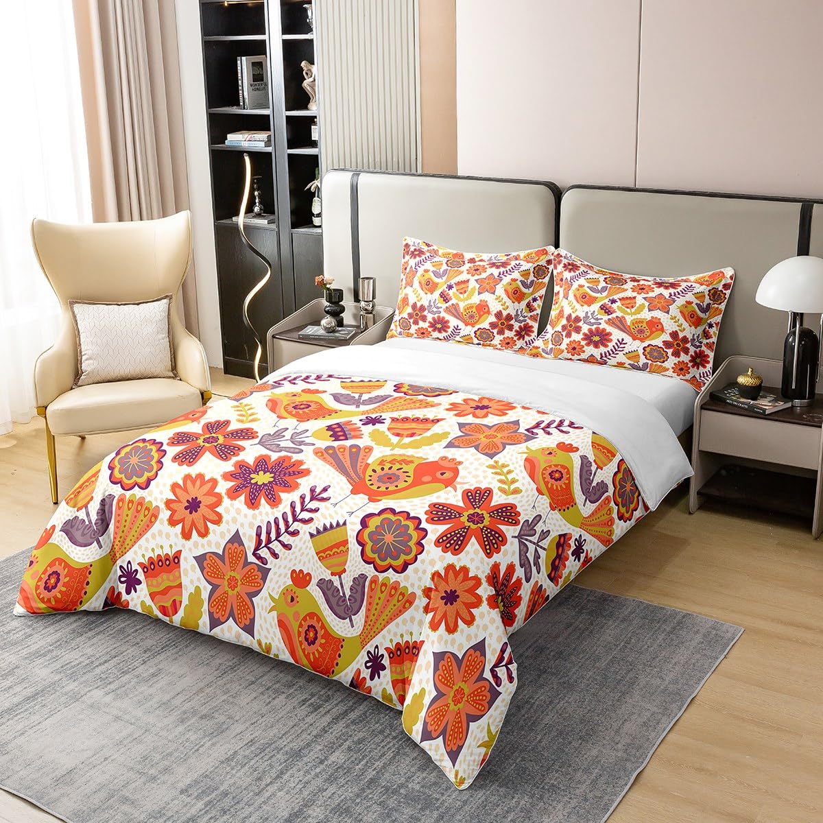Retro Floral Cotton Duvet Cover Double,Bohemian Abstract Hippie Flowers Comforter Cover for Kids Teens Girls,Funky 70S Groovy Flower Bedding Set Kawaii Birds Bedspread Cover Aesthetic Room Decor - Image 2