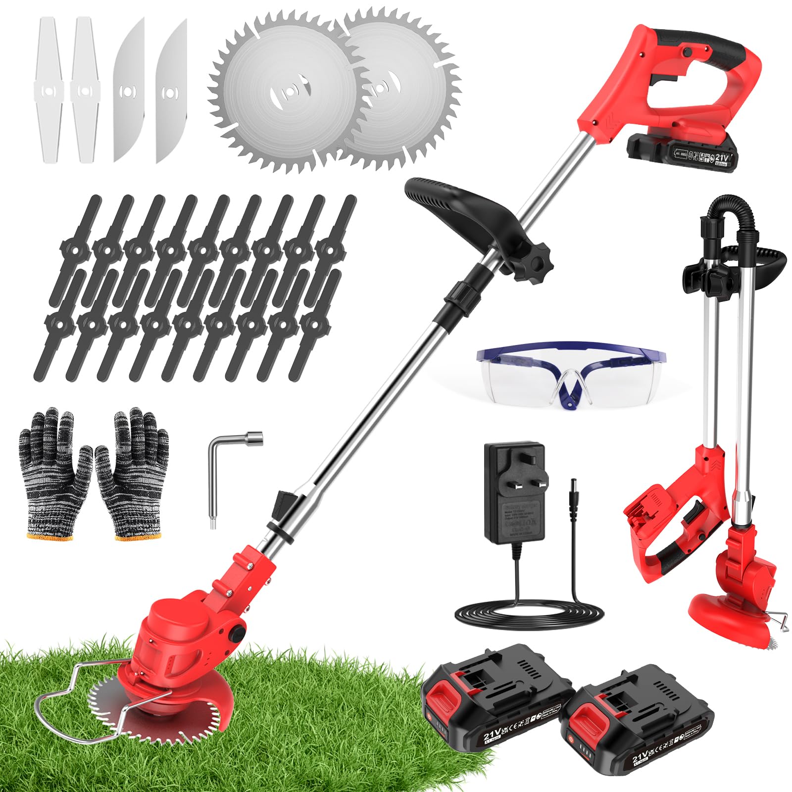 Cordless Strimmer, 4 Blades and 2 x 21V 2000mAh Battery, Garden Strimmer with Adjustable Telescopic Shaft and Foldable Structure, Grass Trimmer for Lawn, Bushes and Yard Maintenance (Red&Black)