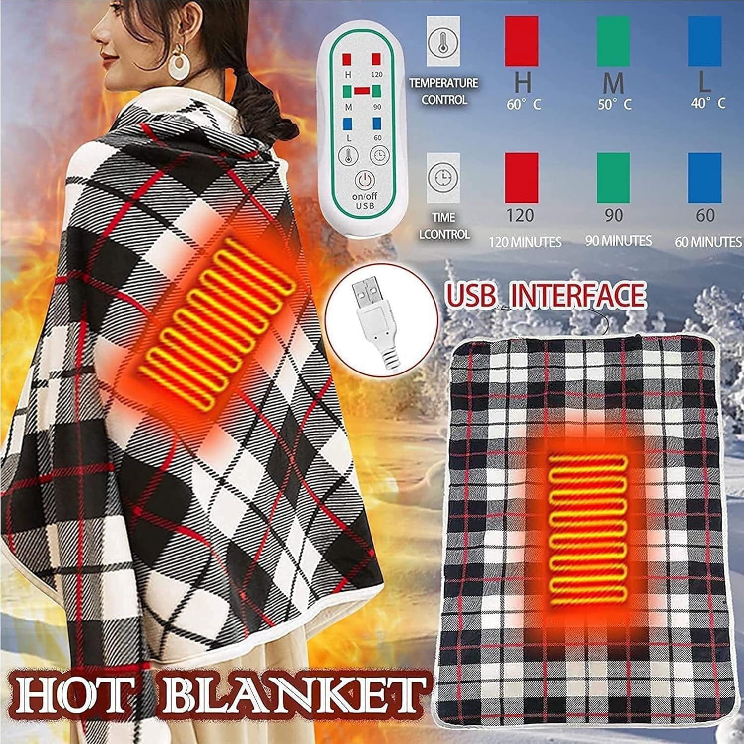USB Heated Wrap Shawl Blanket,140x80cm,Wearable Electric Heated Throw Blanket with Buckles,Multifunctional Portable Cordless Electric Warming Blanket Pad for Home Office and Outdoor Use,Red