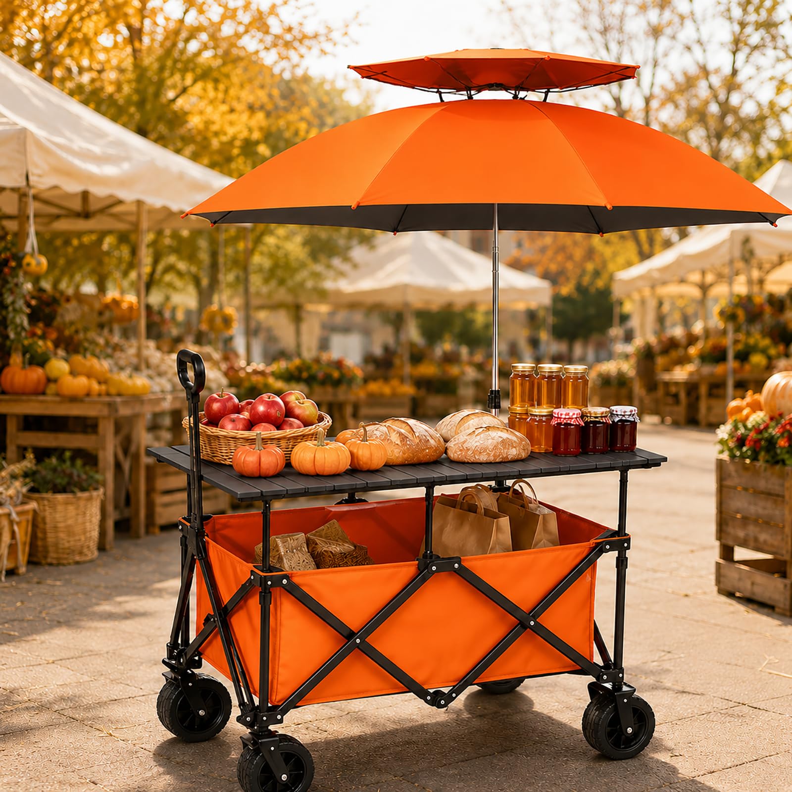 Carrello da Vendita Pieghevole con Tavolo e Ombrellone per Mercatini | Vano da Circa 220 L, Ruote Piroettanti con Freno per Eventi all’Aperto(orange)