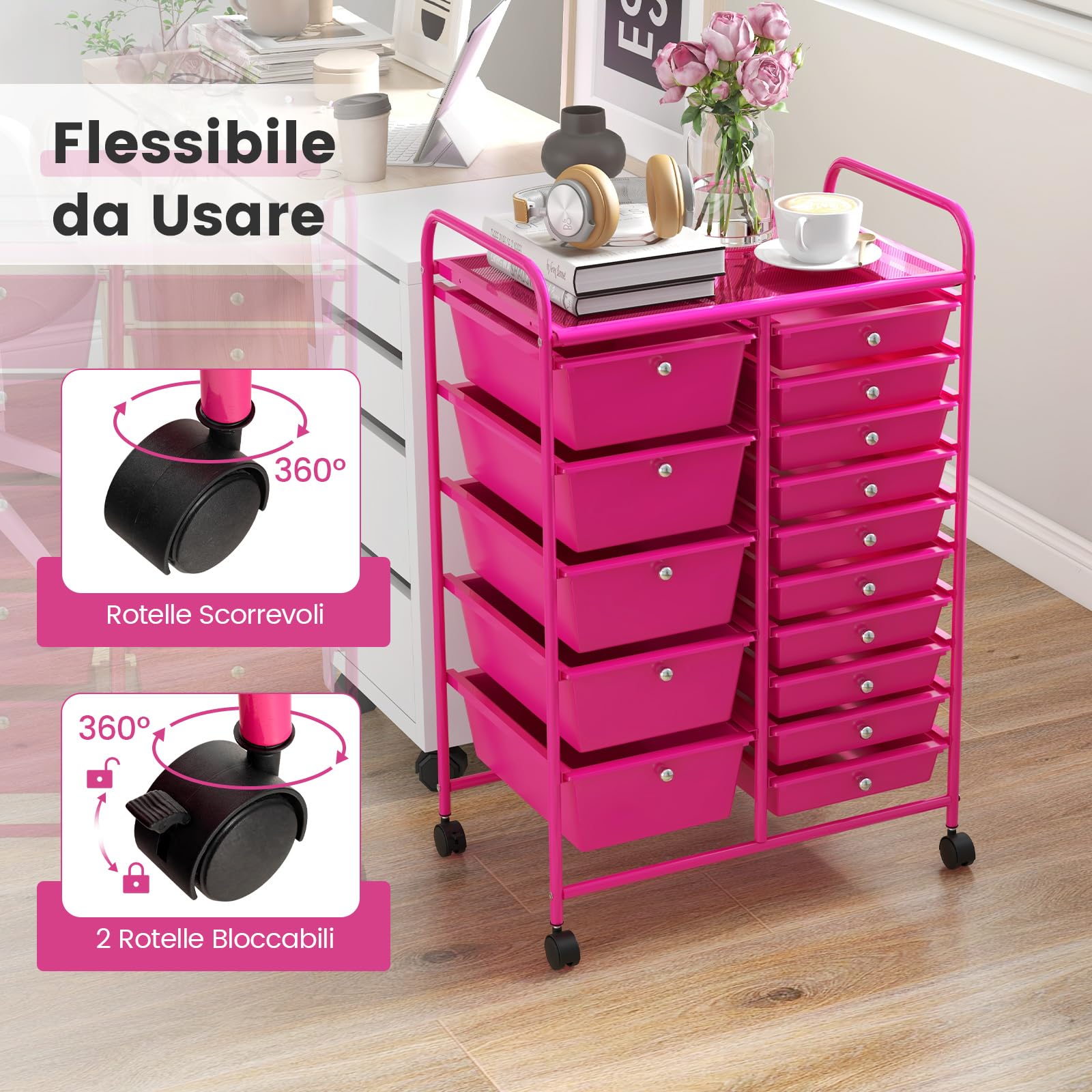 GIANTEX Carrelli Porta Oggetti, con 10+5 Cassetti Impilabili, 2 Ruote Bloccabili, Braccioli Metallici, Portabile e Pratico, per Ufficio, Studio, Cucina,Bagno, 5 Colori Disponibili, 62,5x37x87 cm