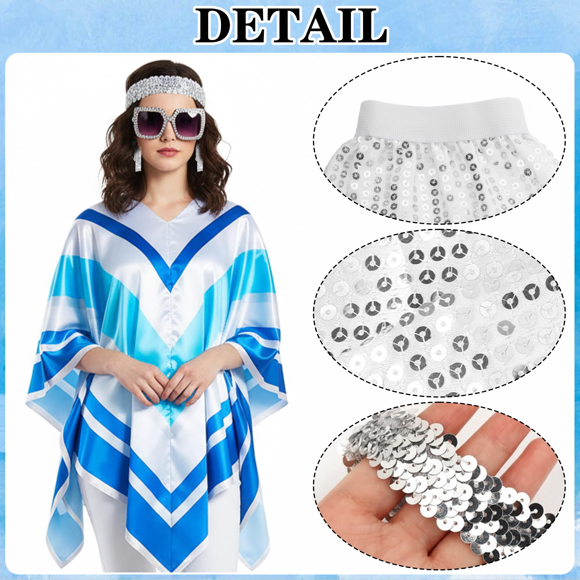 Xietaea 70er Jahre Abba Kostüm Damen - Disco Outfit Set mit Poncho Glitzer Stirnband Ohrringe und Sonnenbrille, Pailletten Beinwärmer für Karneval Fasching Party Halloween Verkleidung