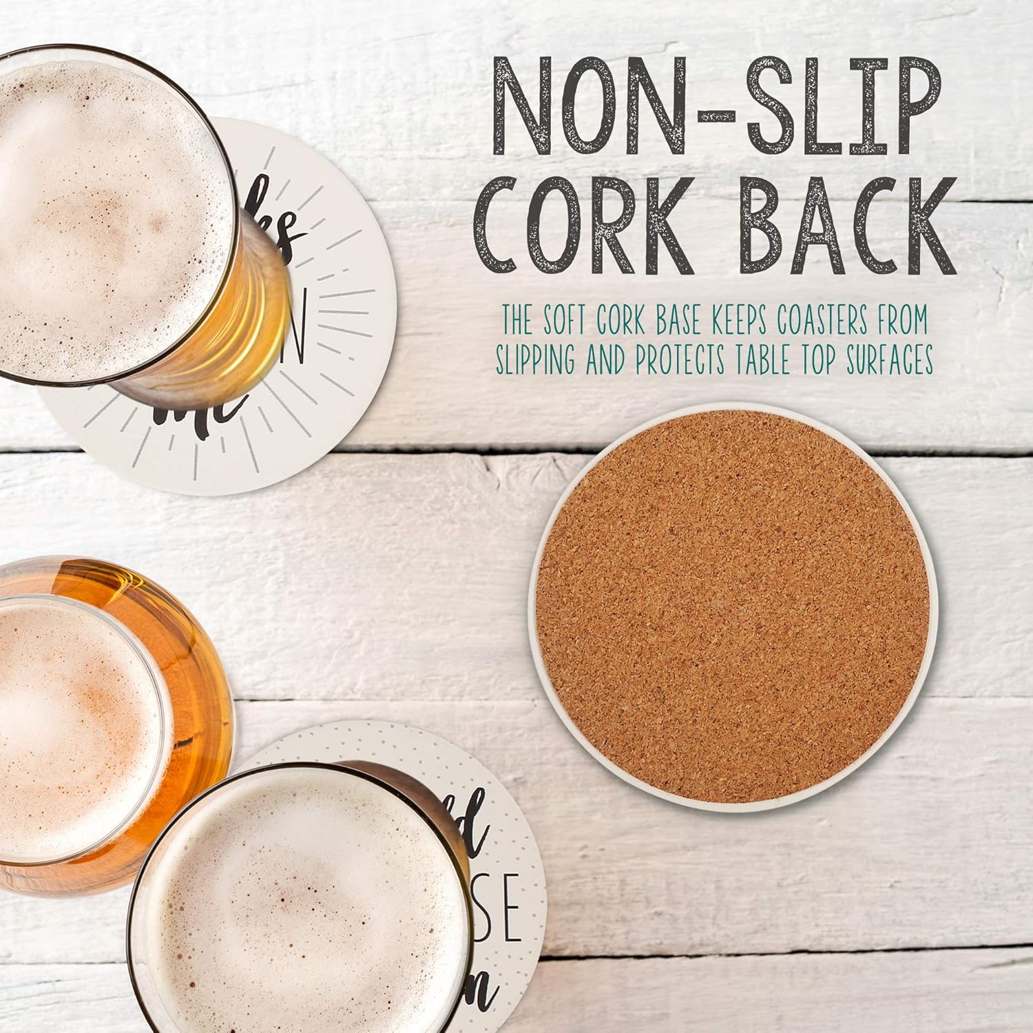 LotFancy 6PCS Ceramic Coasters with Cork Base, Round Coasters with 6 Humorous Sayings, Non-Slip, Bar Room Decor, Housewarming Gift - Image 5