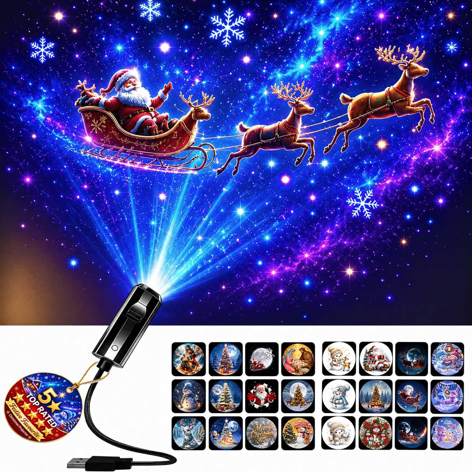 Christmas Projector Indoor, 360° Plug and Play Hd Christmas Scene Projector, with 6/24 Festive Projection Films, USB Halloween Projection Light for Wall, Ceiling, Party (24PCS-Christmas)