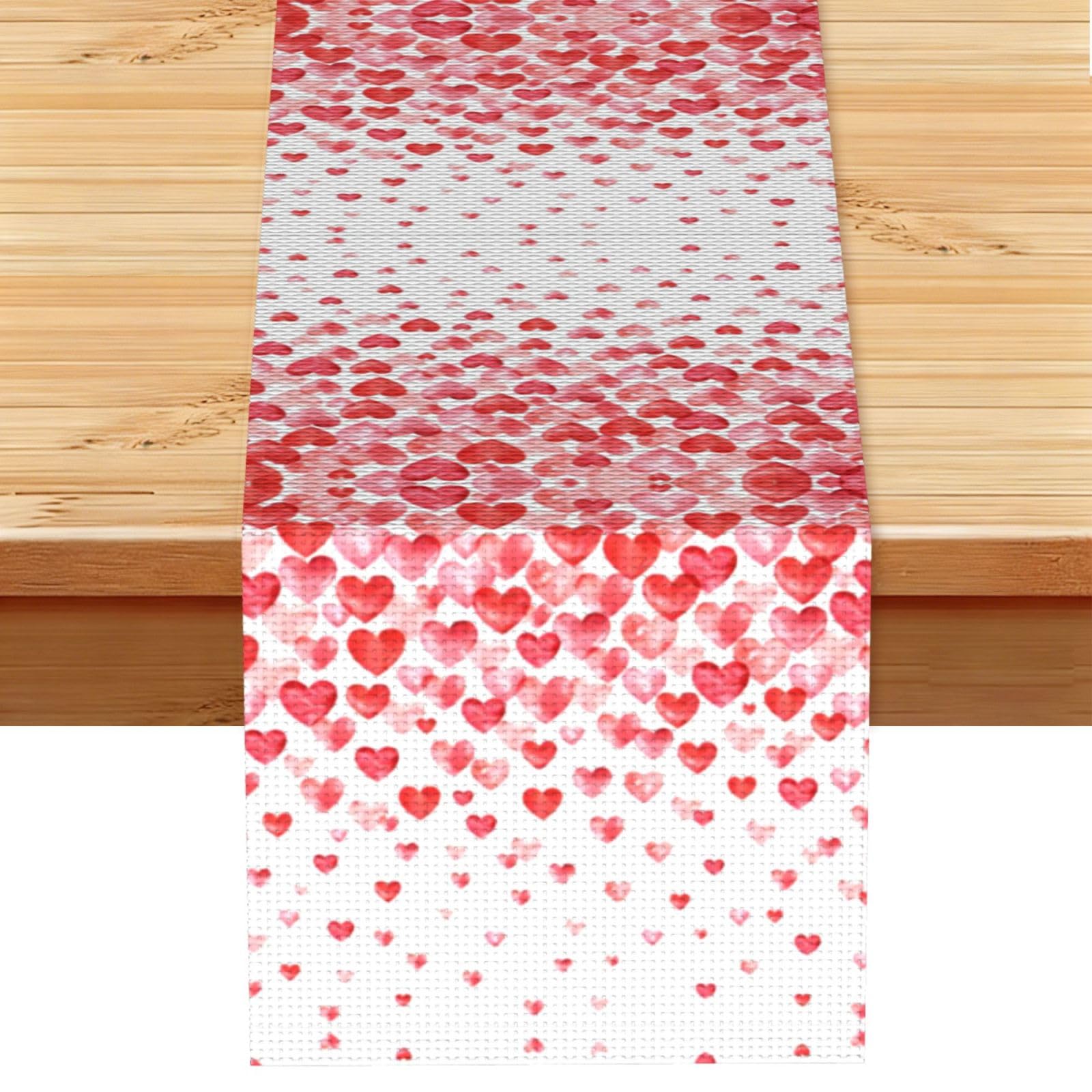 Falling Red Hearts Linen Feel Table Runner Wedding Party Home Decoration