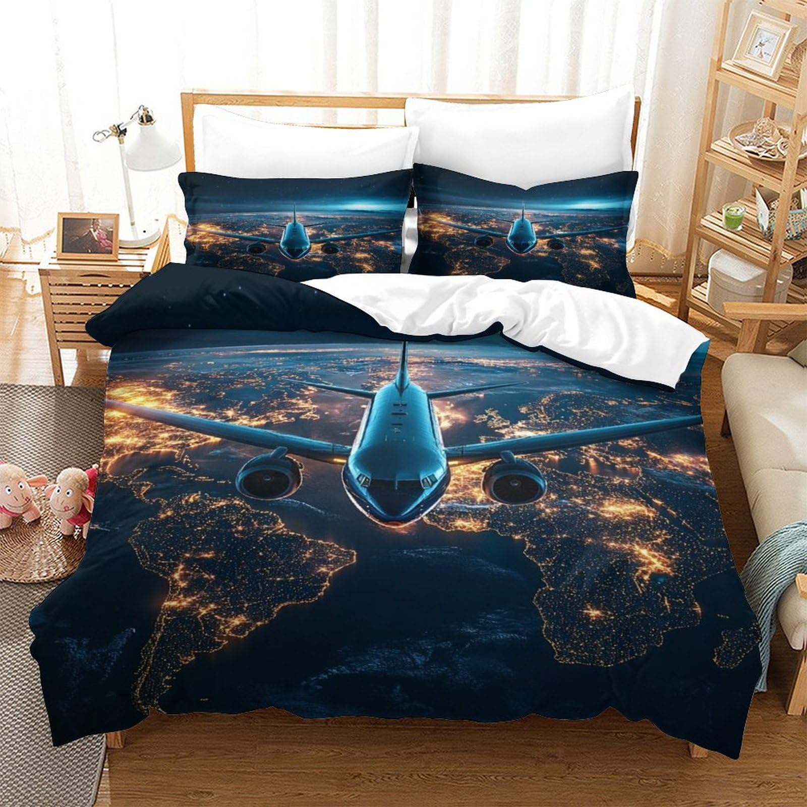 XiaopangXY 3D Printed A380 Aircraft Quilt Cover Breathable Duvet Cover Airliner Comforter Cover with Pillowcase Bedding Set Microfiber for Childs & Adults 3 Pieces Double（200x200cm）