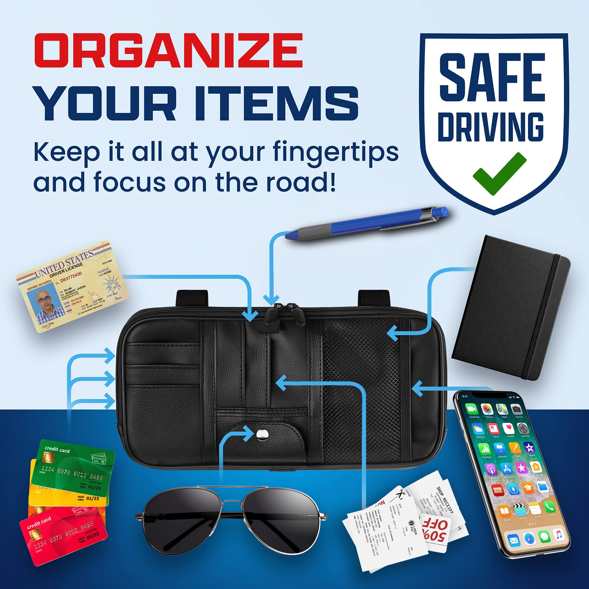 Organiseur de pare-soleil de voiture – Accessoires d'intérieur de voiture, VUS, camion – Support de lunettes magnétique et poches horizontales pleine longueur, permet une conduite sûre