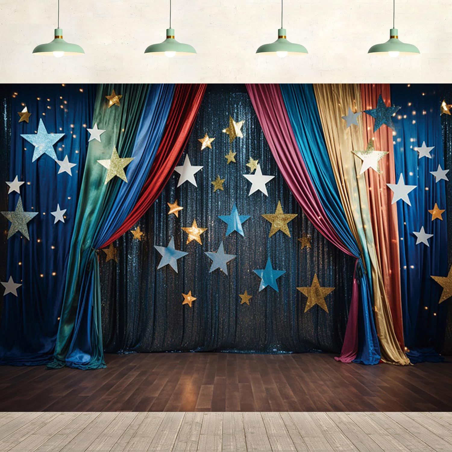 20x10ft Colorful Curtain Stage Backdrop Theater Concert Stage TV Shows Festival Glitter Star Dark Blue Background for Birthday Party Decoration Live