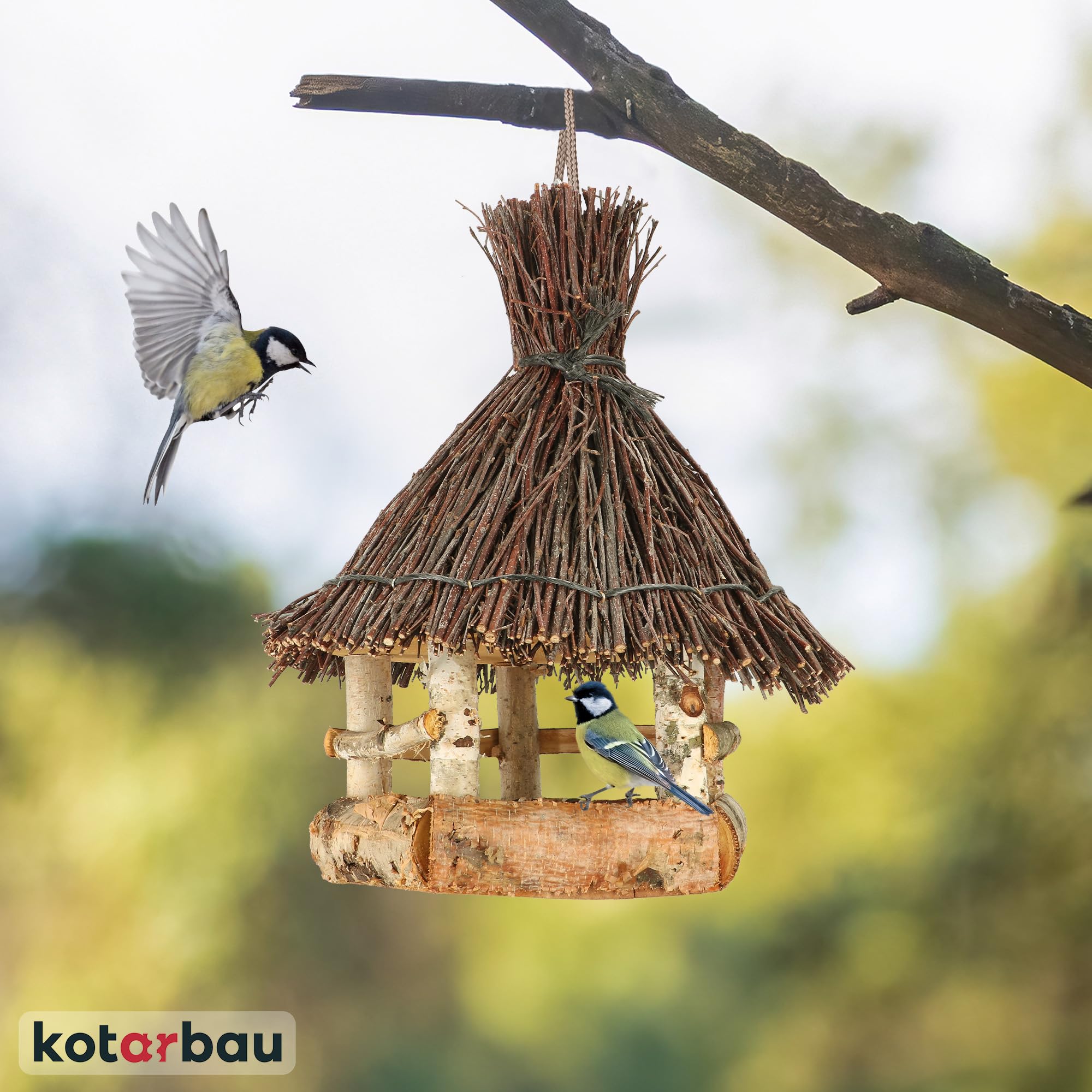 KOTARBAU® Comedero para Pájaros Colgante - Madera y Mimbre - 29x26 cm - Natural Marrón - Alimentador De Pájaros - Comedero de Madera para Exterior