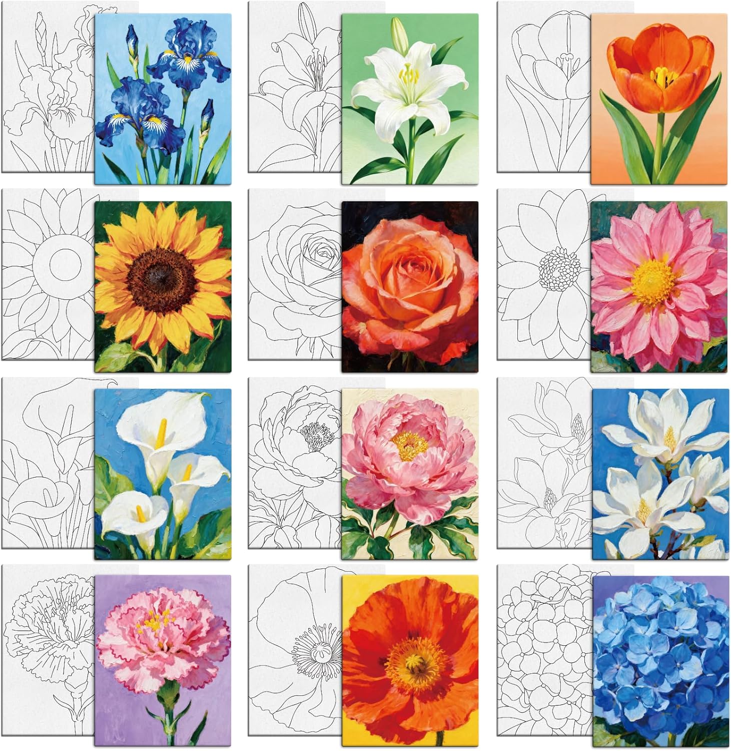 MAYJOYDIY 12 Pcs Pre Drawn Canvas to Painting Beautiful Flower Pre Printed Canvas for Adults 9.8×7.9inch Sunflower Lily DIY Paint Art Supplies for Beginners, Students, Party Gifts