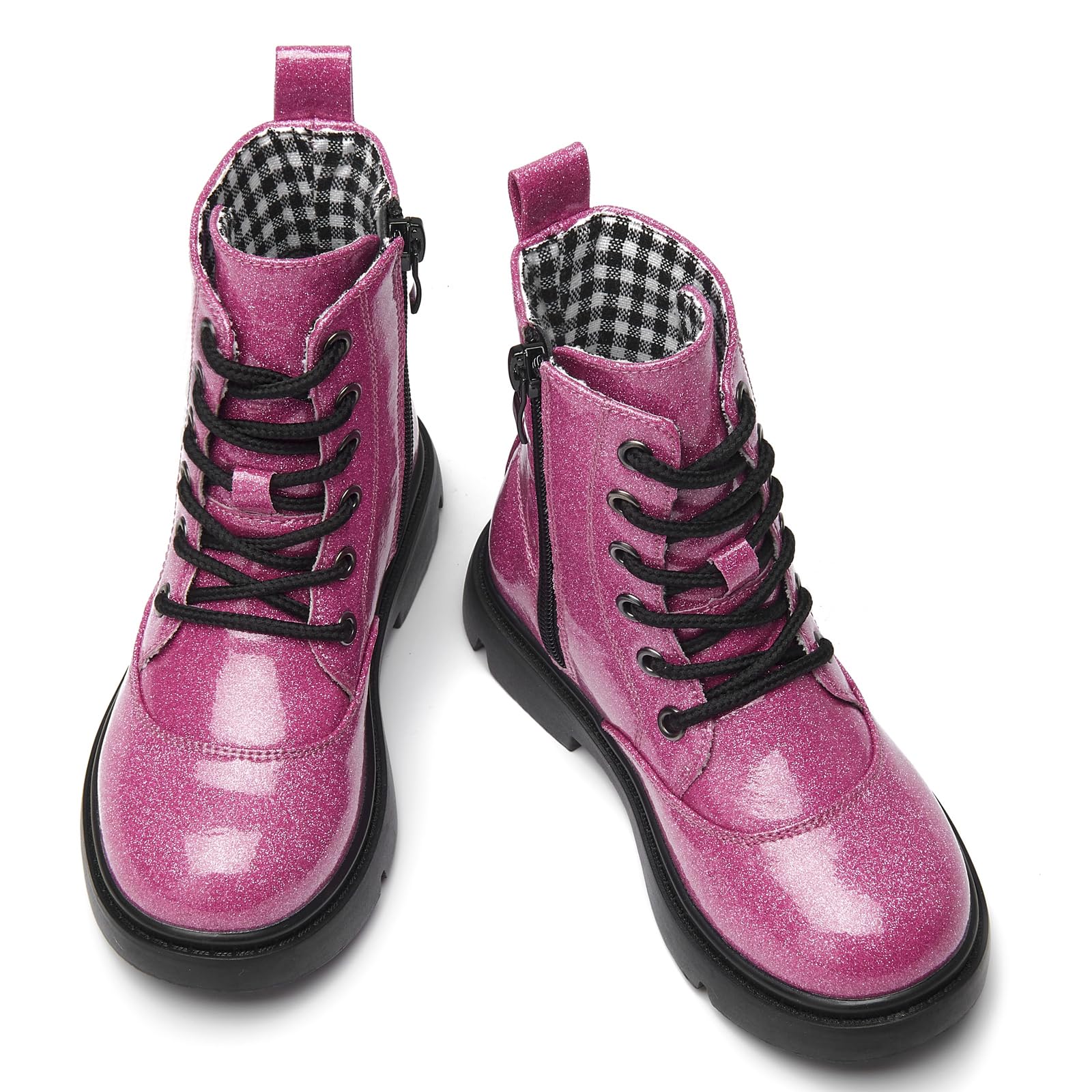 WUIWUIYU Boys Girls Glitter Mid-Calf Ankle Boots Lace-up High-Top Combat Boots with Side Zipper (Toddler/Little/Big Kid)