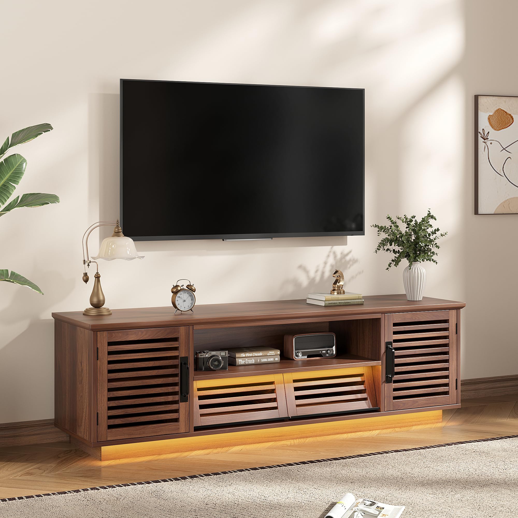 Maupvit Mid Century Modern TV Stand with LED Light for 50/55/60 inch TV, Retro Entertainment Center with Storage Cabinet & Slatted Doors & Grille Drawers, TV Media Console for Living Room, Bedroom