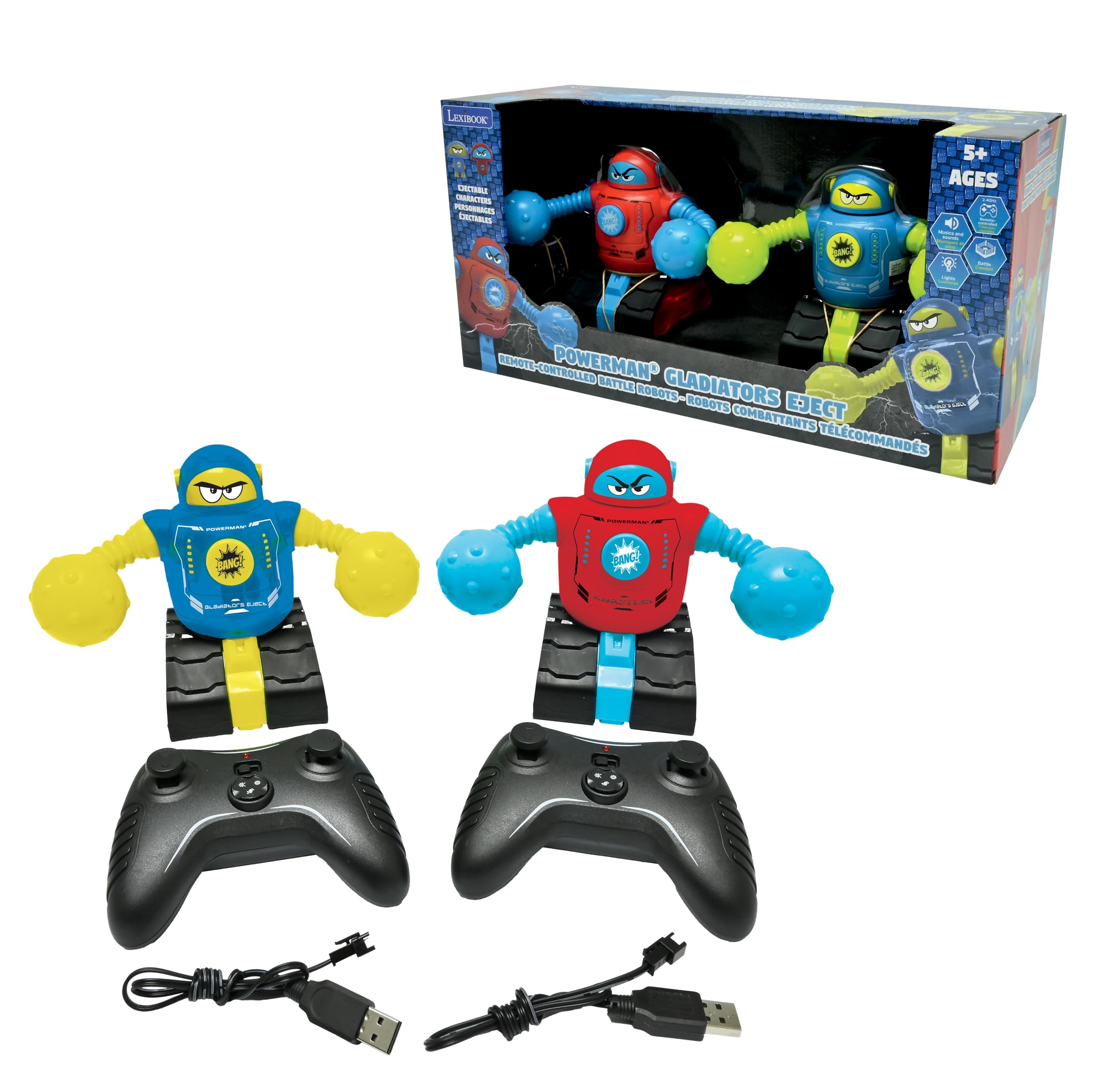 LEXIBOOK, Powerman Robots Gladiadores Eject, ROBDUO2LXB | Robots batalla RC, modo duelo, luz y sonido, azul/rojo