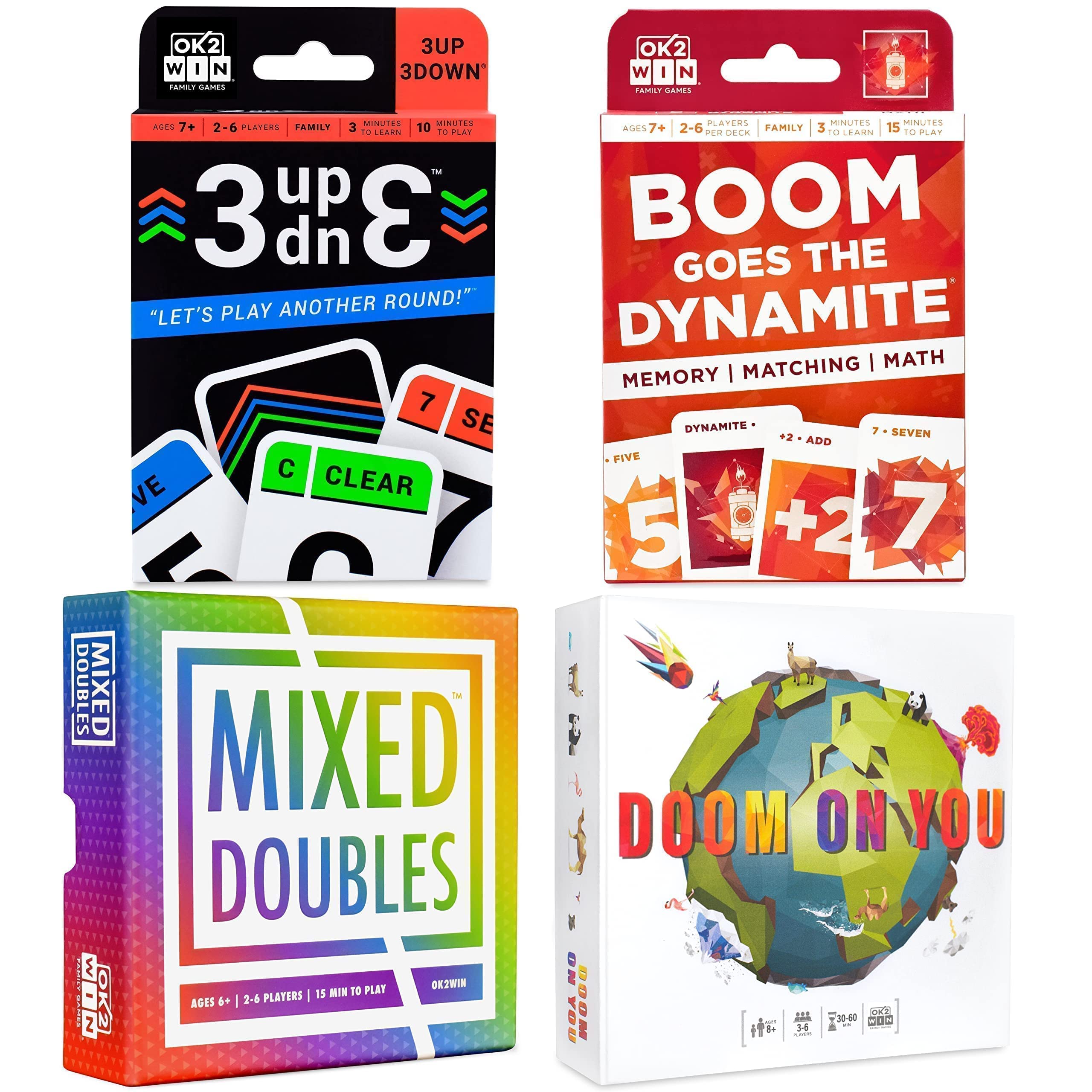 Amazon.com: 3UP 3DOWN Card Game and Boom Goes The Dynamite Card Game and  Doom On You Card Game and Mixed Doubles Dice Game Bundle : Toys & Games