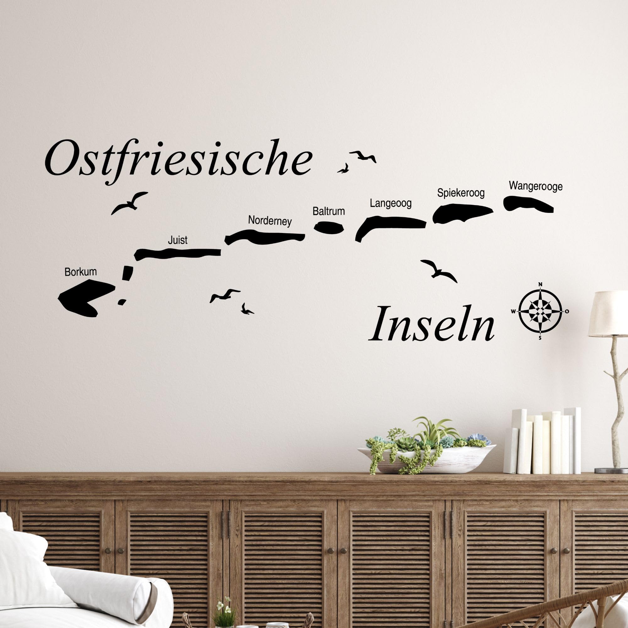 GRAZDesign Wandtattooo Ostfriesische Inseln | Küstenlandschaft Nordsee | Maritime Deko, Wohnzimmer Büro Wandaufkleber Wandsticker, Jugendzimmer, Wanddeko, 147x57cm, 053 hellblau