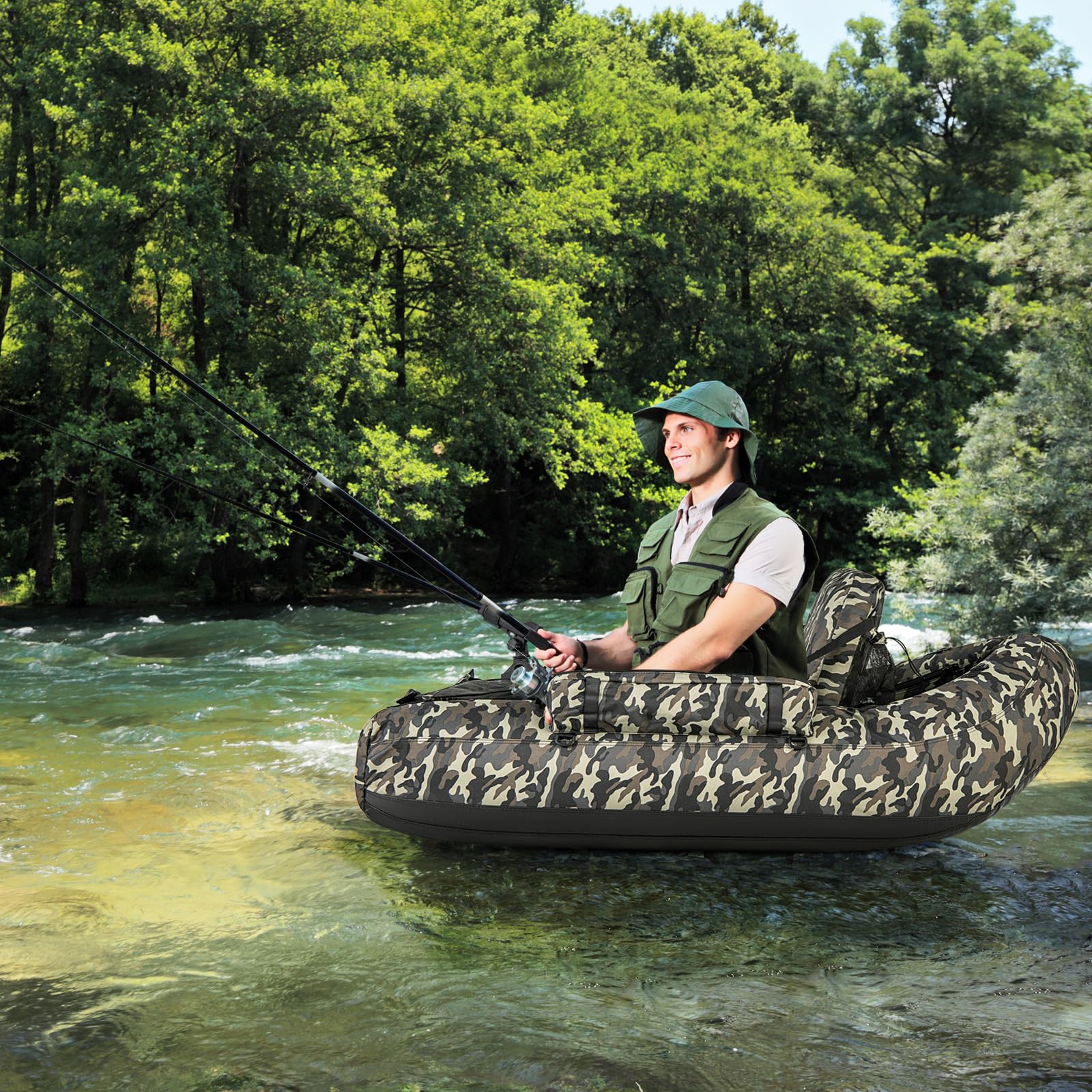 COSTWAY Aufblasbares Schlauchboot, Angelboot mit Fischlineal, Rutenhalter, Seitentaschen, Flossen, Paddel, Pumpe, Rückenlehne & Gurten, Belly-Boat 150 kg belastbar, Fischerboot 146 x 109 x 44 cm