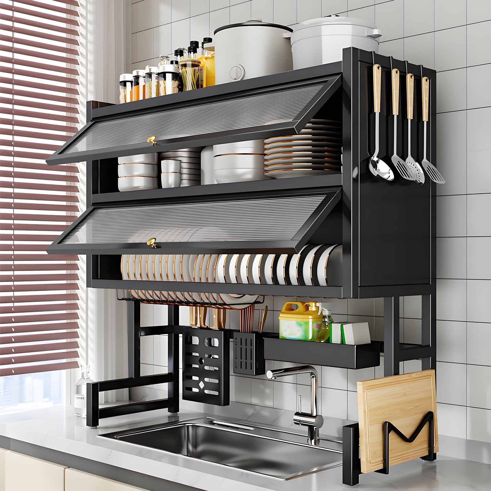 Grand égouttoir à vaisselle, 104,9 cm, haute capacité, rangement de cuisine pour vaisselle, bols et couverts, organisateur de comptoir peu encombrant, solution bien rangée et efficace